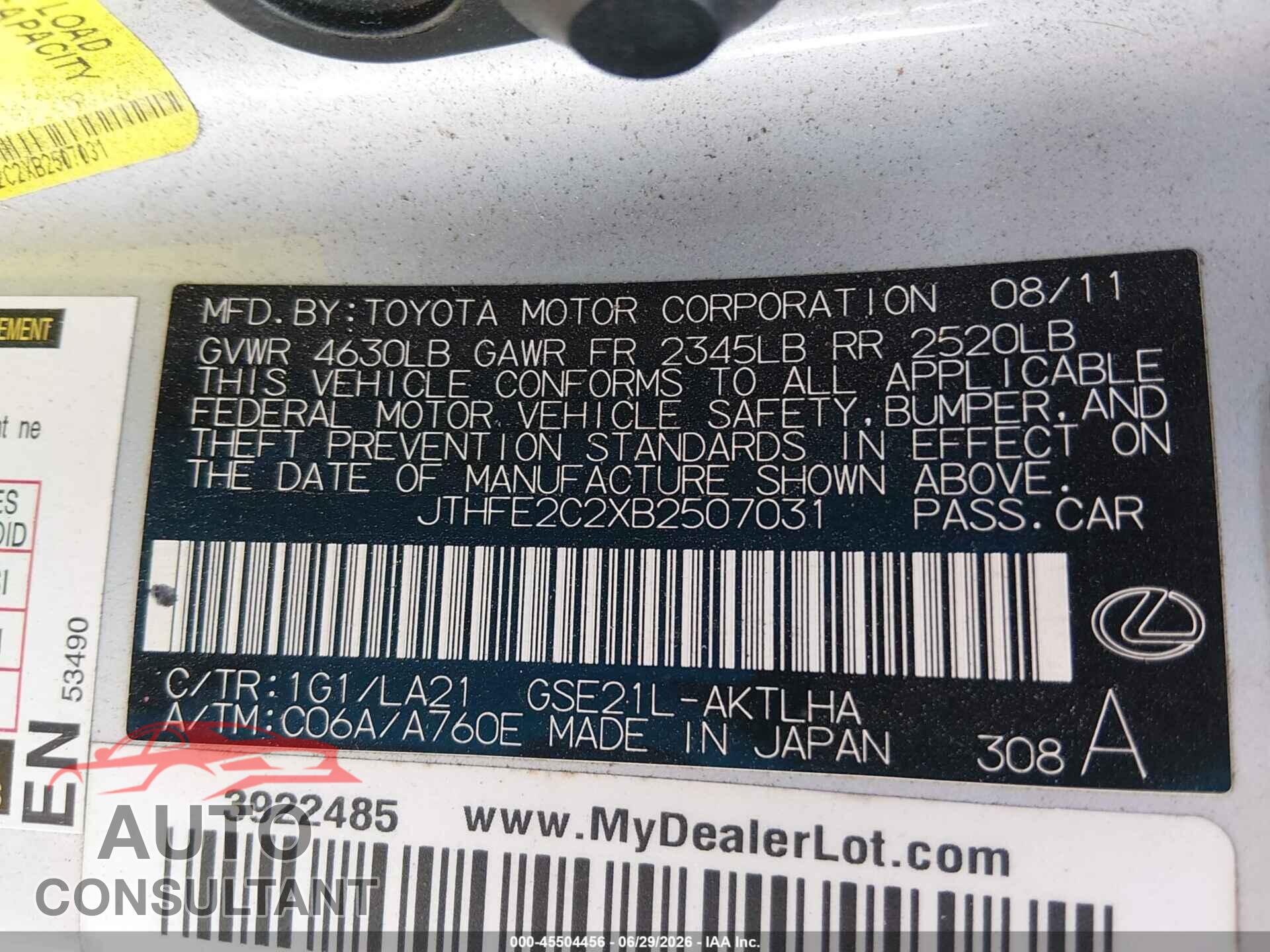 LEXUS IS 350C 2011 - JTHFE2C2XB2507031