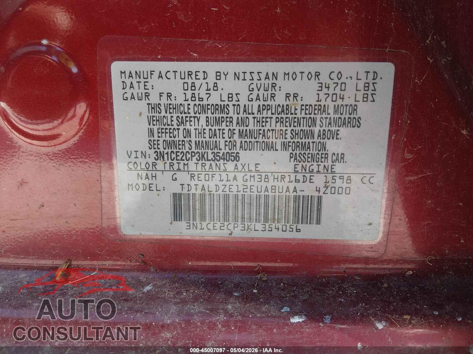 NISSAN VERSA NOTE 2019 - 3N1CE2CP3KL354056