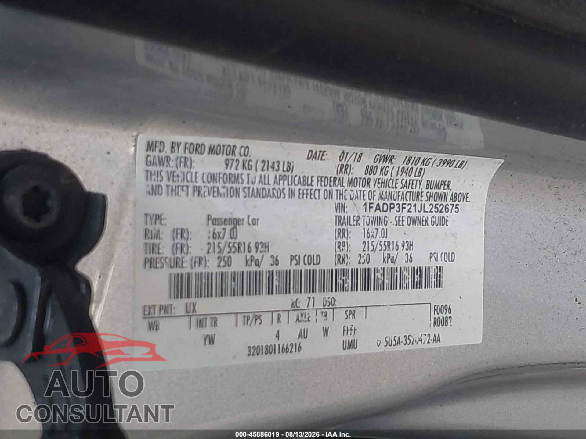 FORD FOCUS 2018 - 1FADP3F21JL252675