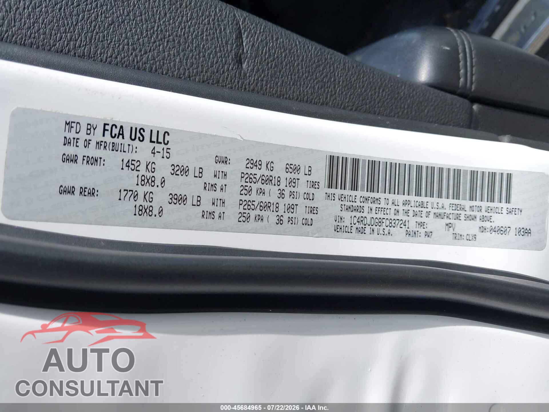 DODGE DURANGO 2015 - 1C4RDJDG8FC837241