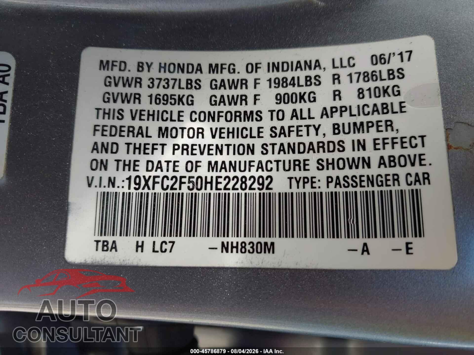 HONDA CIVIC 2017 - 19XFC2F50HE228292