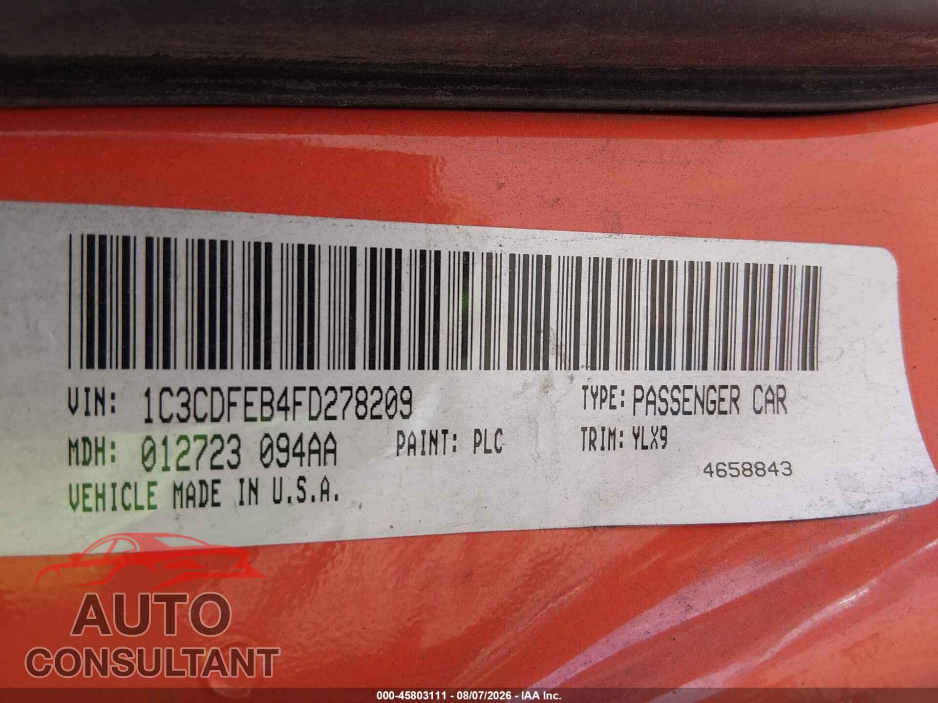 DODGE DART 2015 - 1C3CDFEB4FD278209