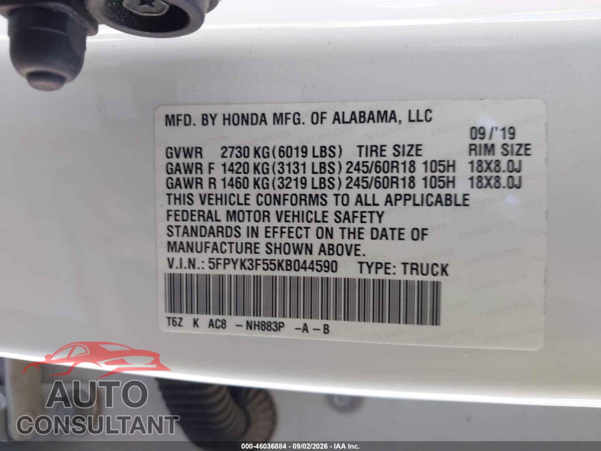 HONDA RIDGELINE 2019 - 5FPYK3F55KB044590