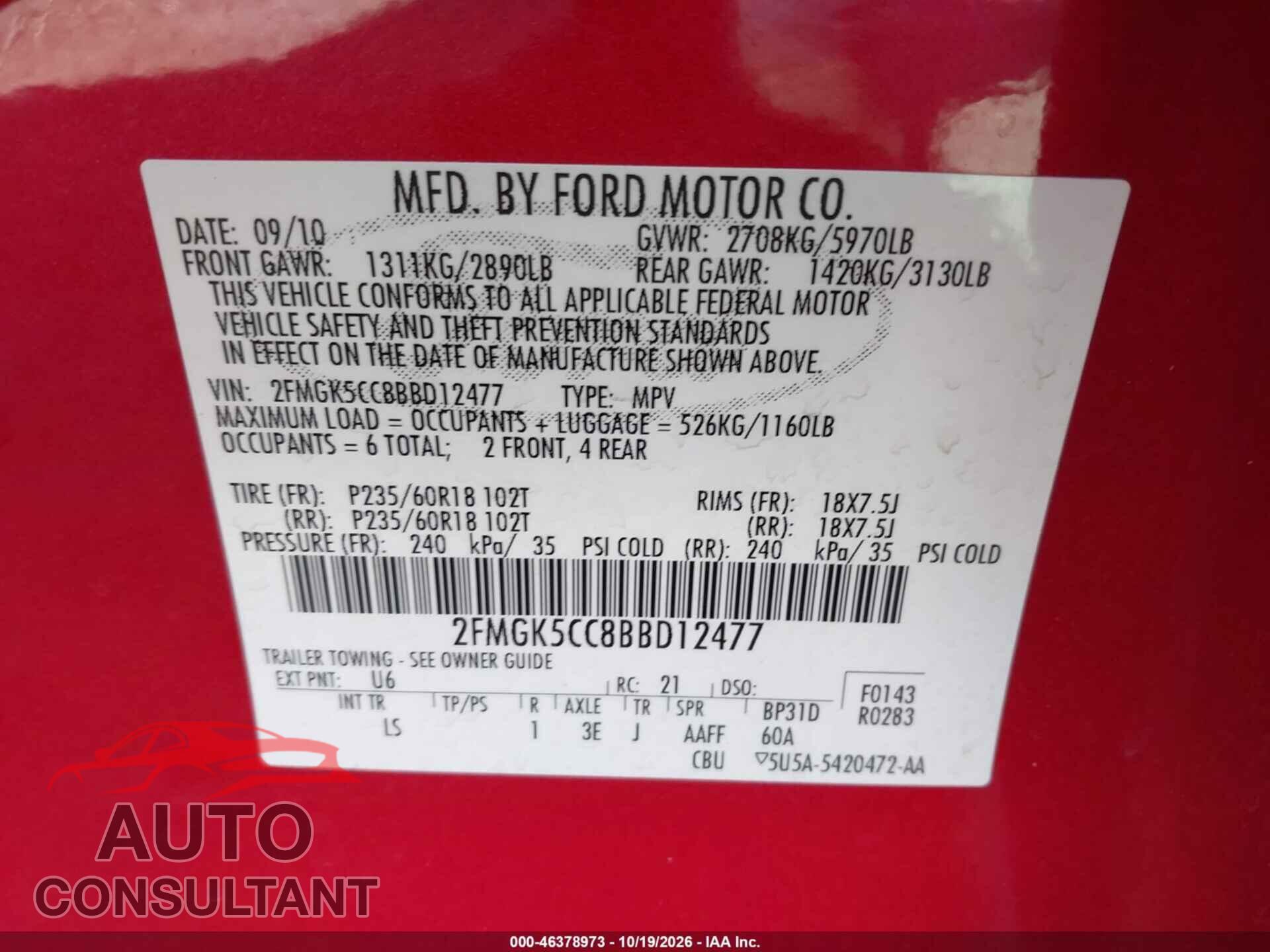FORD FLEX 2011 - 2FMGK5CC8BBD12477
