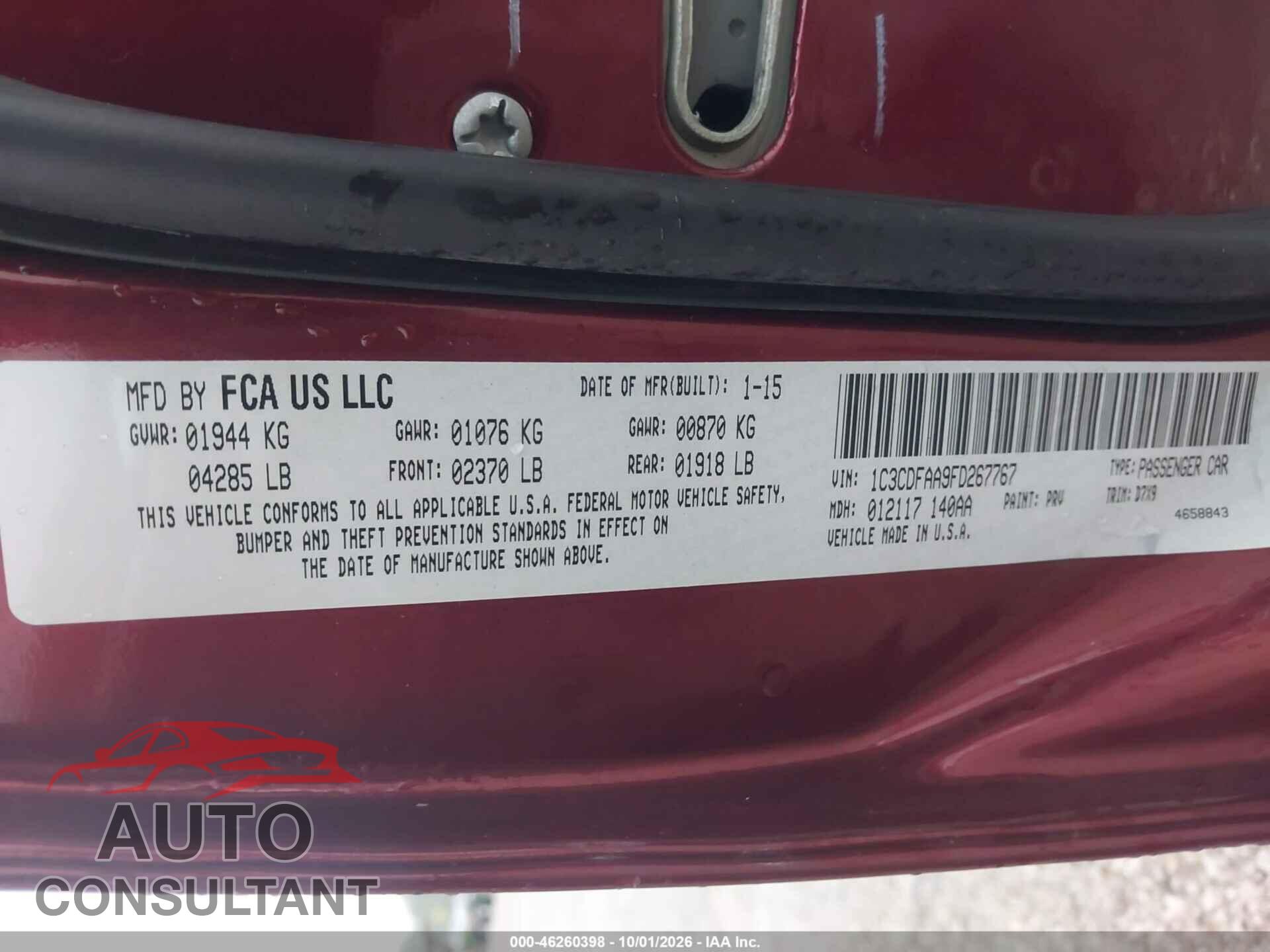 DODGE DART 2015 - 1C3CDFAA9FD267767