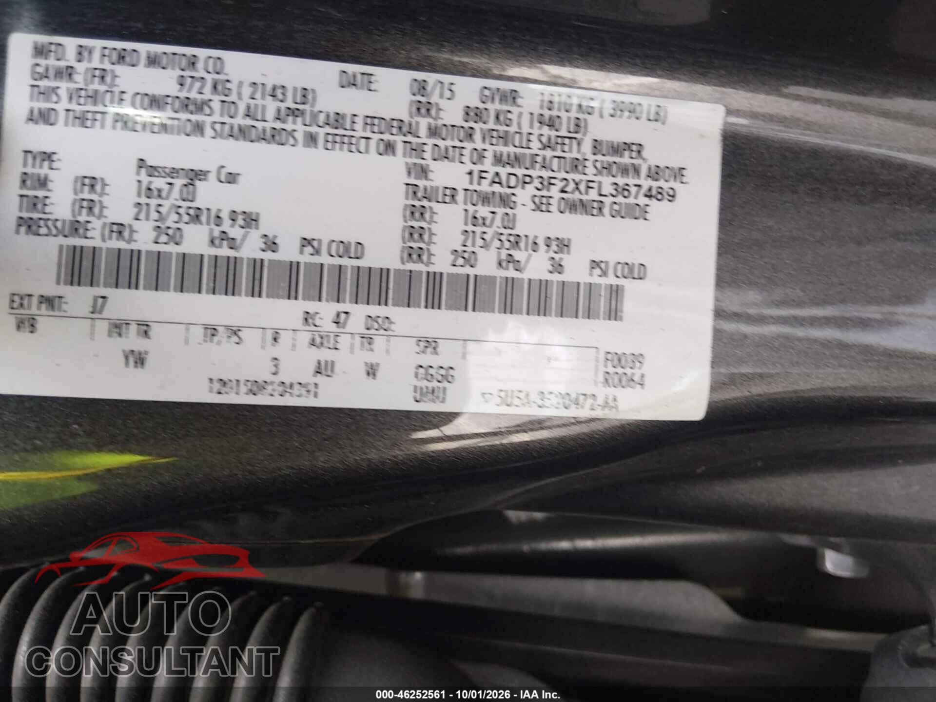 FORD FOCUS 2015 - 1FADP3F2XFL367489