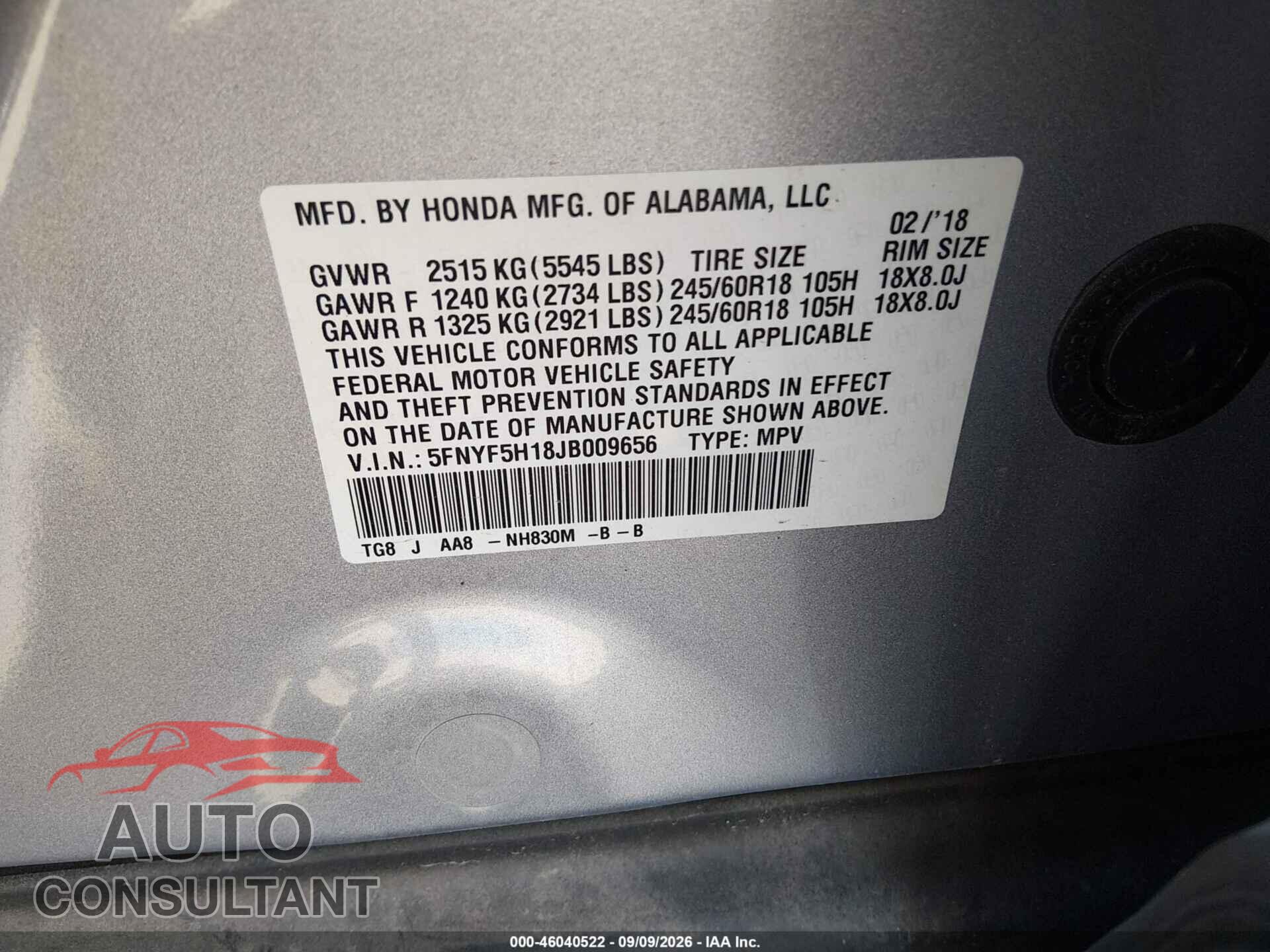 HONDA PILOT 2018 - 5FNYF5H18JB009656