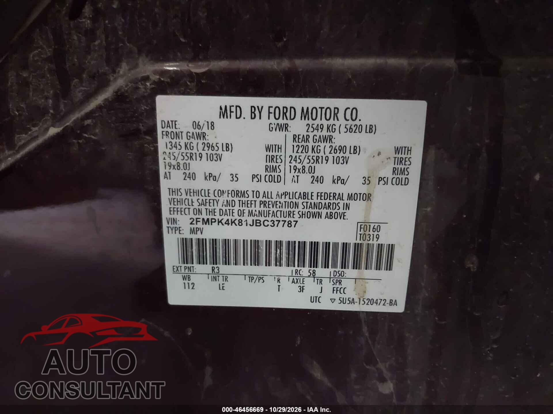 FORD EDGE 2018 - 2FMPK4K81JBC37787