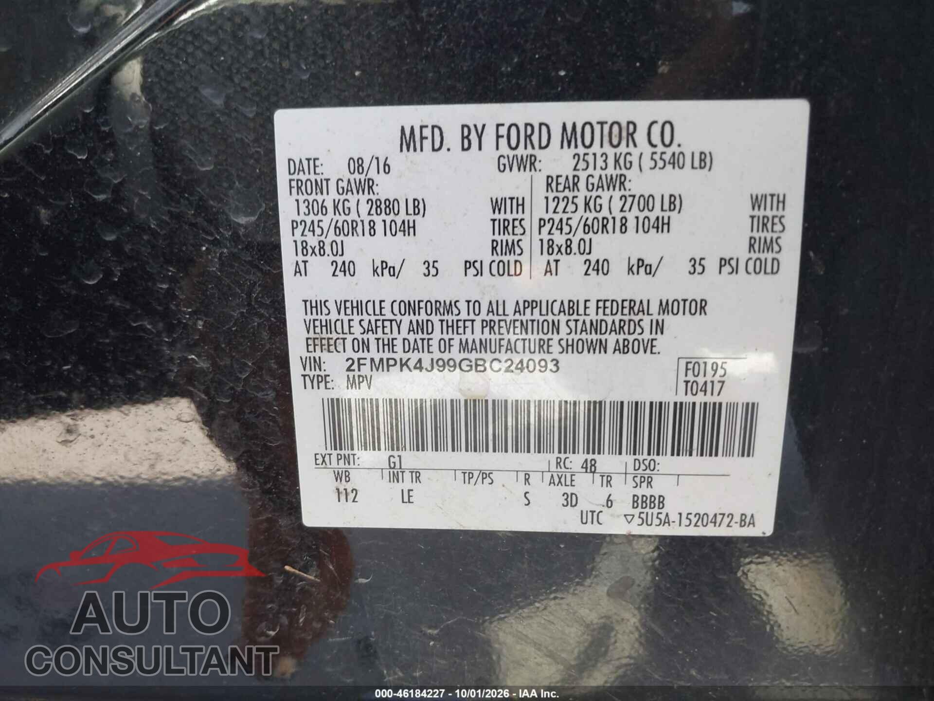 FORD EDGE 2016 - 2FMPK4J99GBC24093