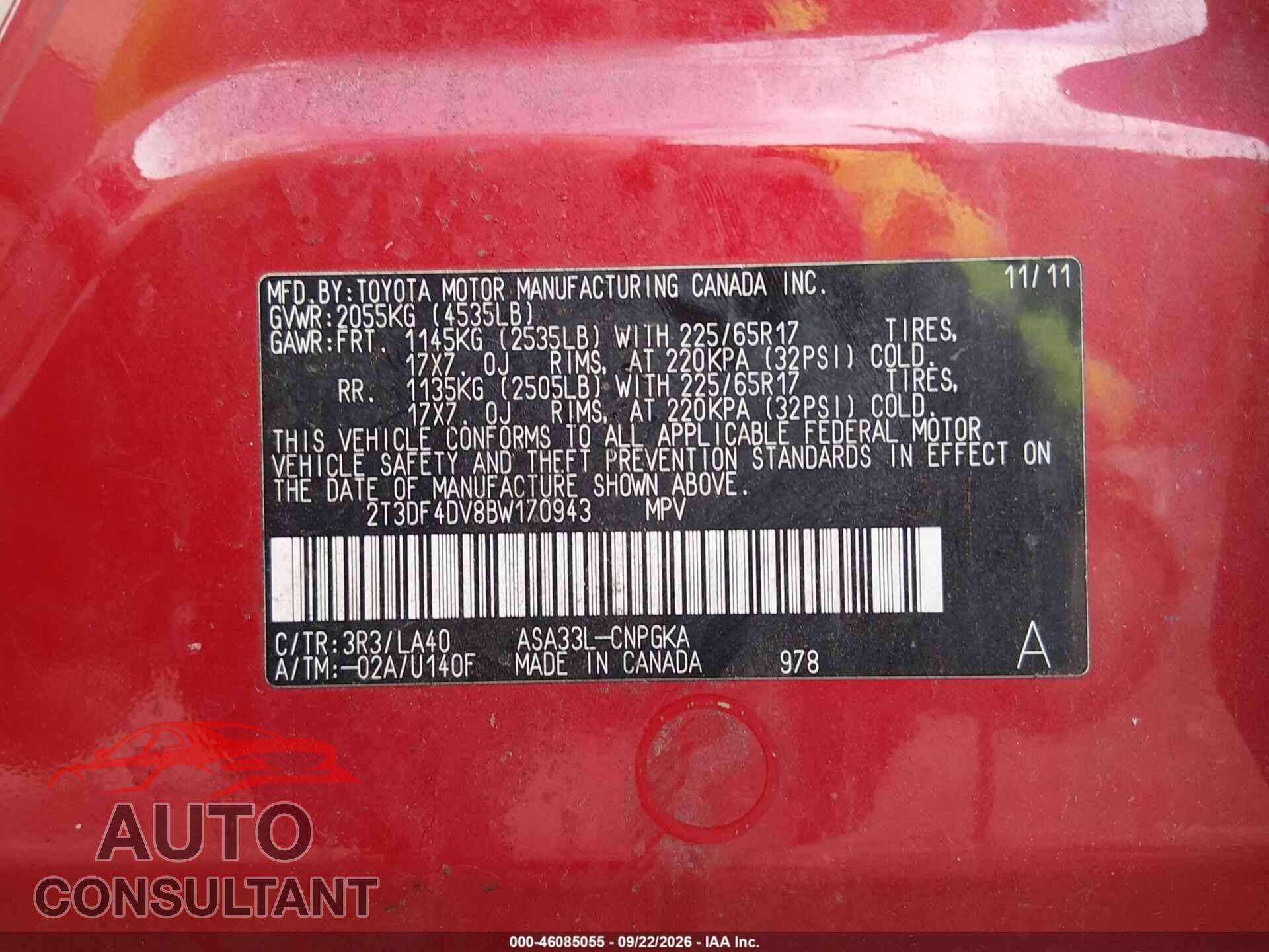 TOYOTA RAV4 2011 - 2T3DF4DV8BW170943