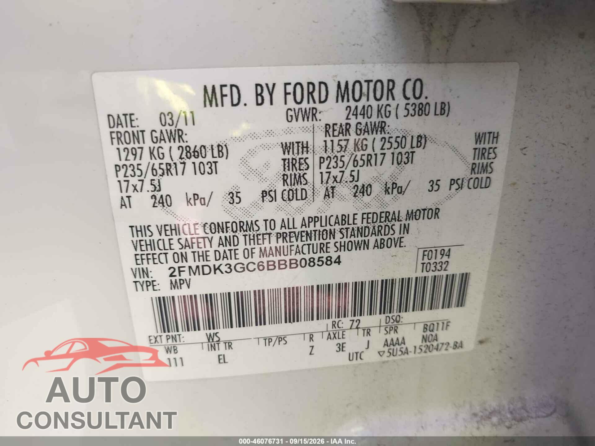 FORD EDGE 2011 - 2FMDK3GC6BBB08584