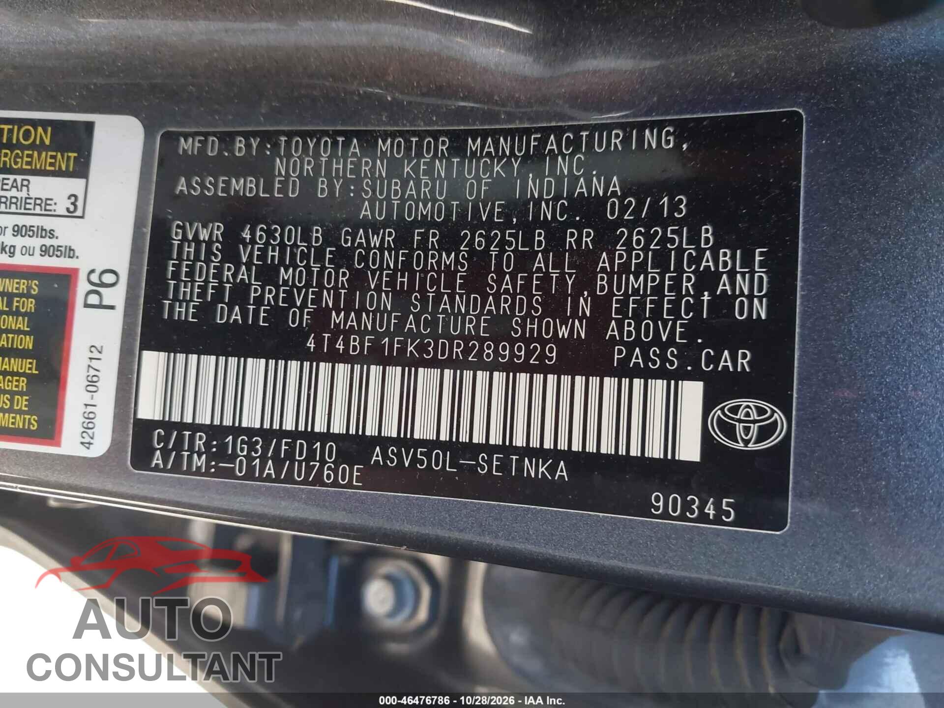 TOYOTA CAMRY 2013 - 4T4BF1FK3DR289929