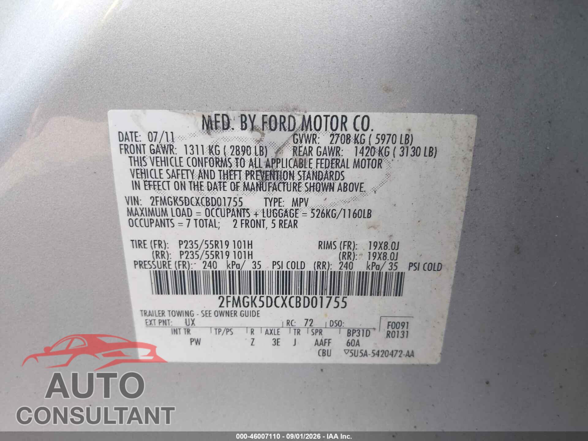 FORD FLEX 2012 - 2FMGK5DCXCBD01755