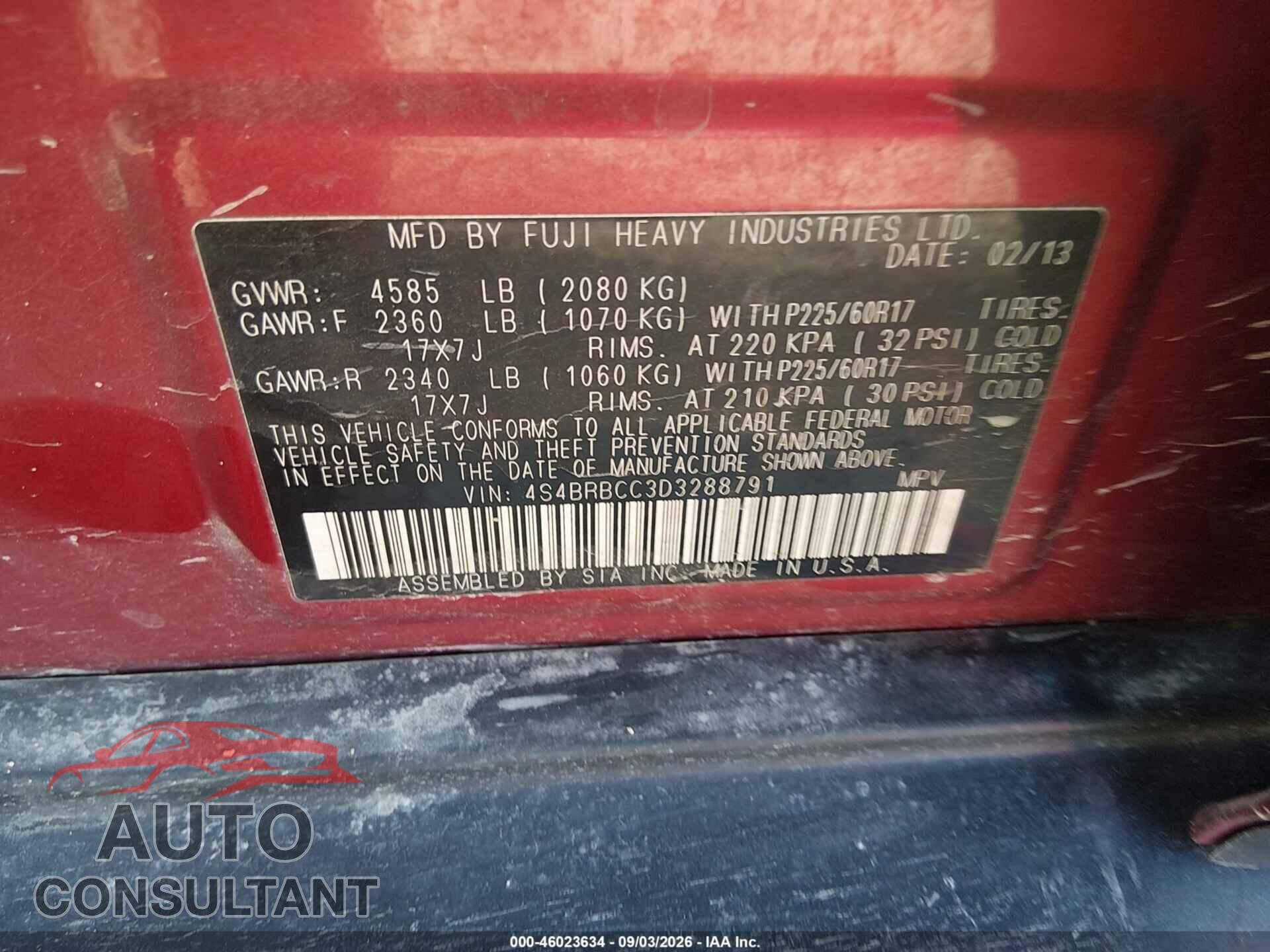 SUBARU OUTBACK 2013 - 4S4BRBCC3D3288791