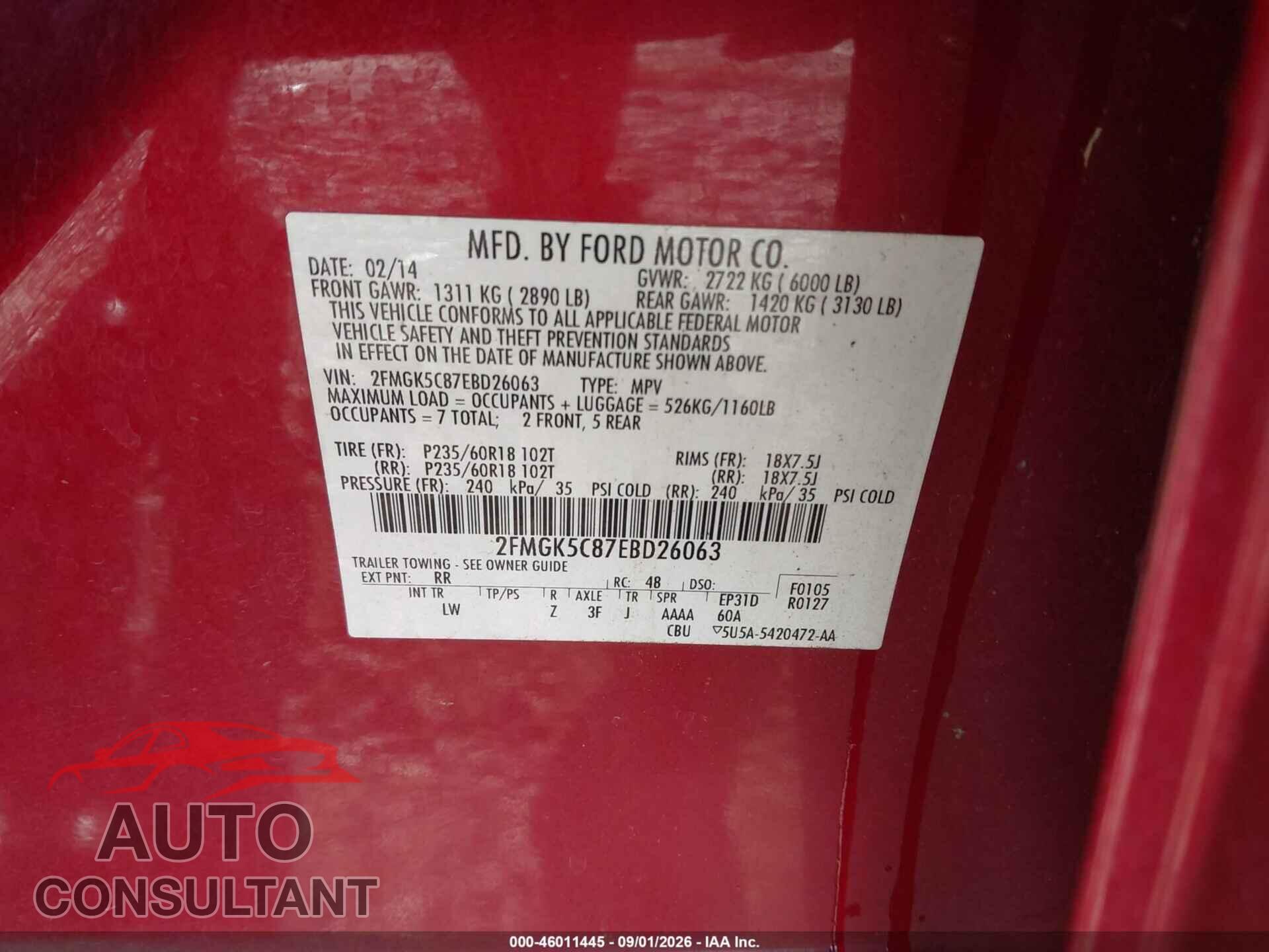 FORD FLEX 2014 - 2FMGK5C87EBD26063