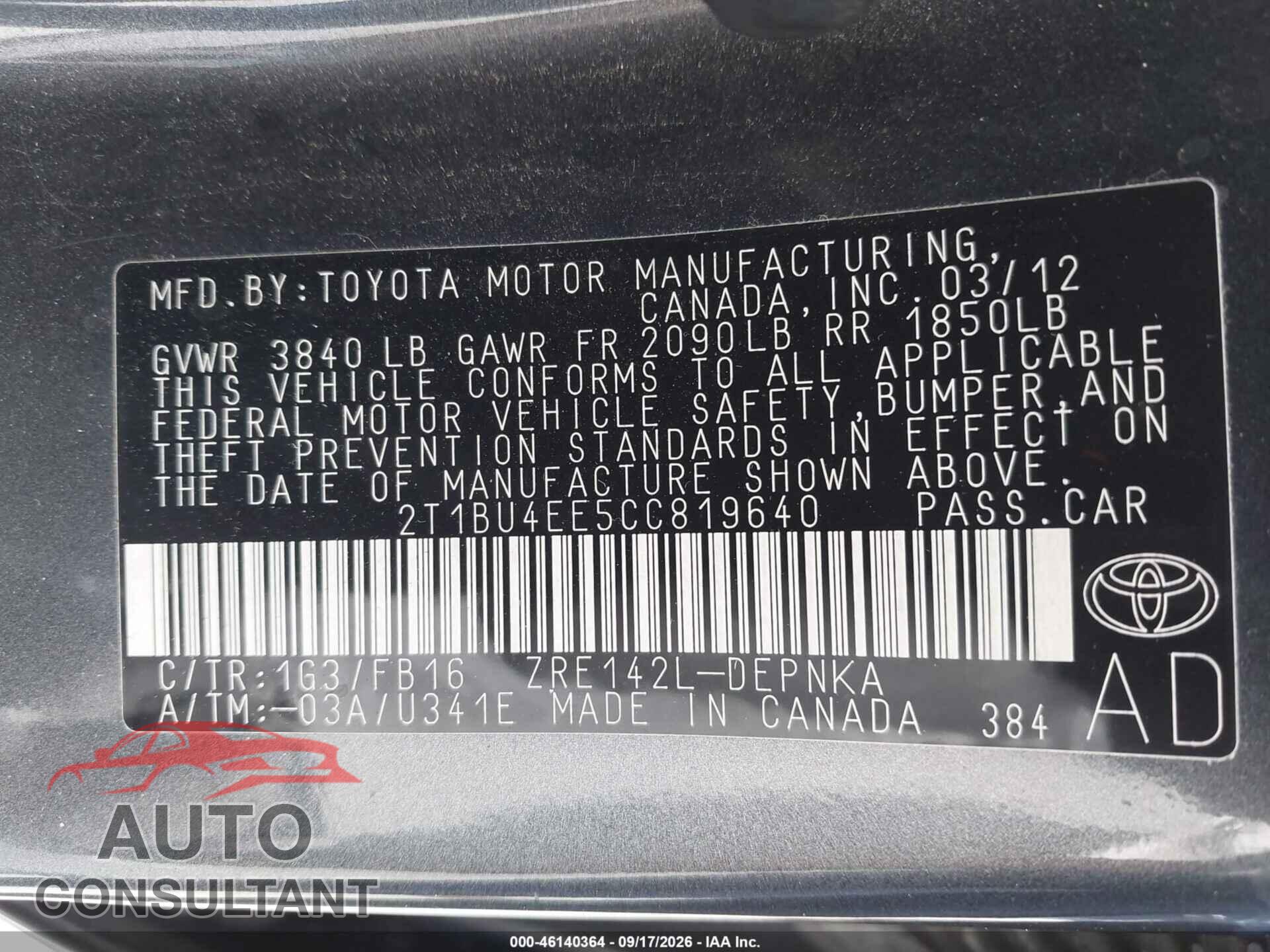 TOYOTA COROLLA 2012 - 2T1BU4EE5CC819640