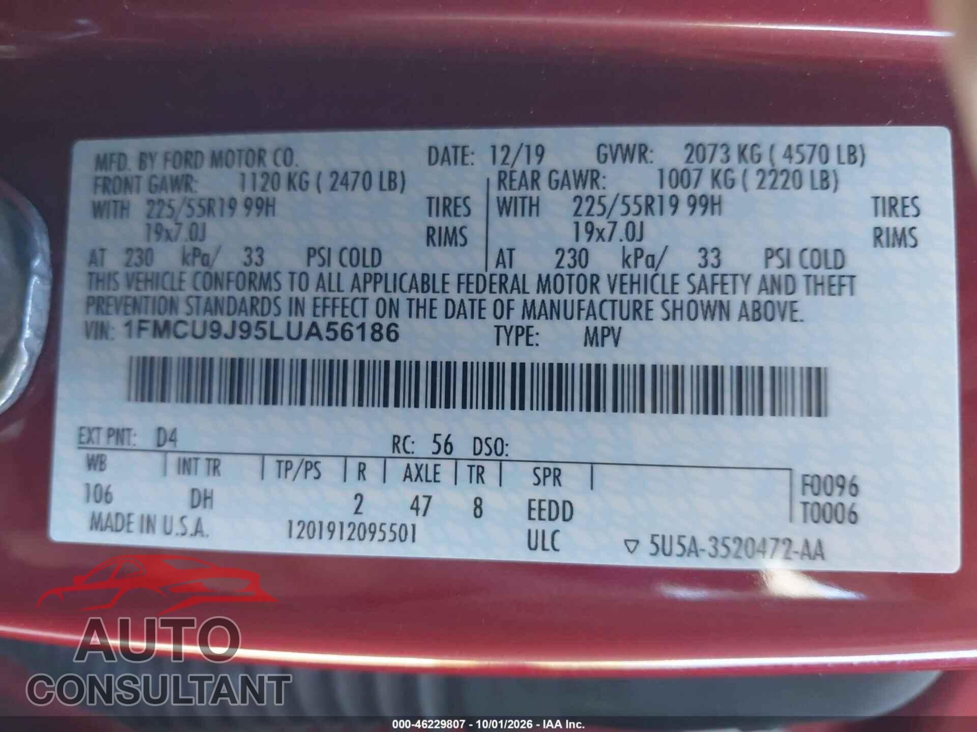 FORD ESCAPE 2020 - 1FMCU9J95LUA56186