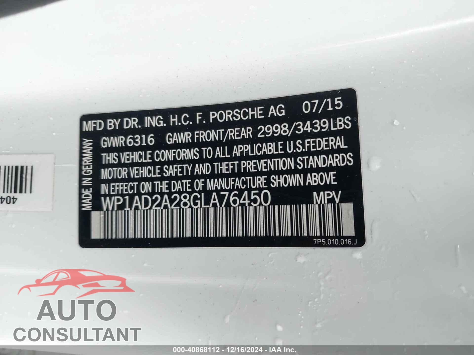 PORSCHE CAYENNE 2016 - WP1AD2A28GLA76450