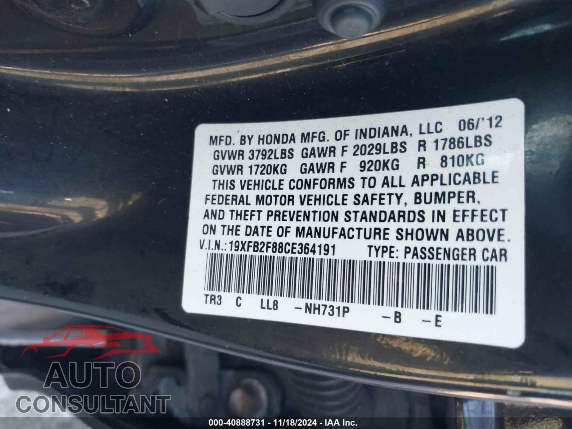 HONDA CIVIC 2012 - 19XFB2F88CE364191
