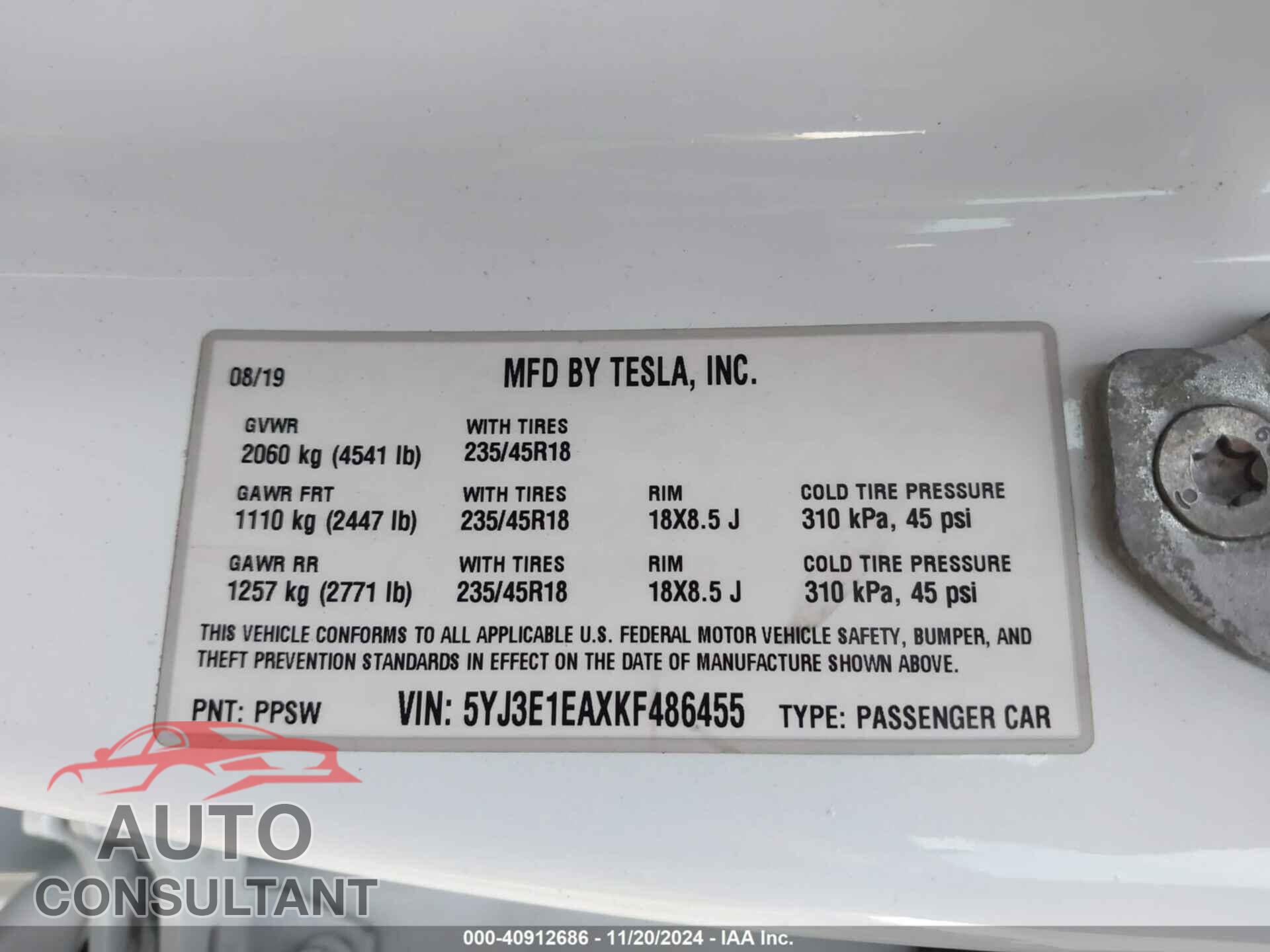 TESLA MODEL 3 2019 - 5YJ3E1EAXKF486455