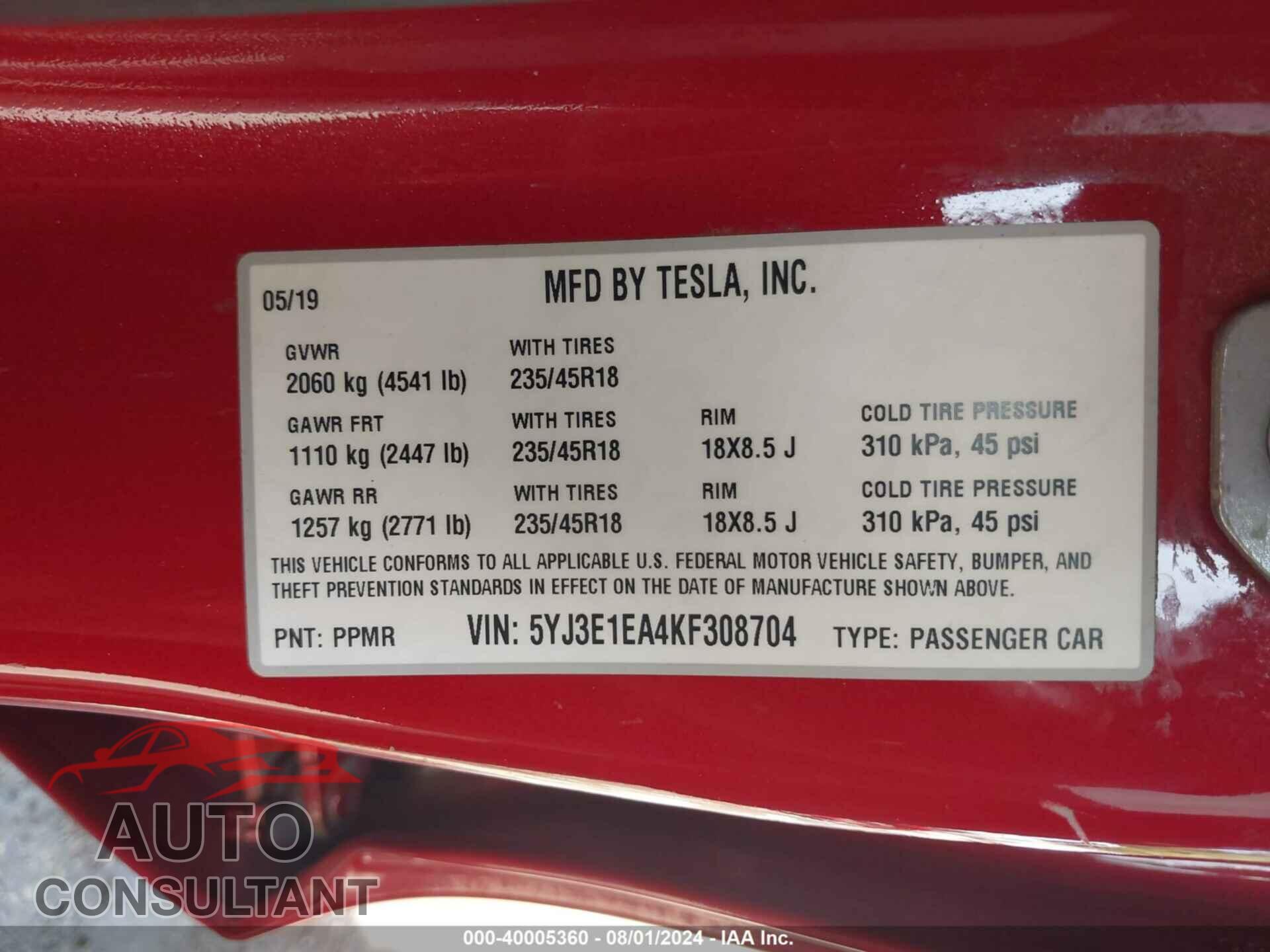 TESLA MODEL 3 2019 - 5YJ3E1EA4KF308704