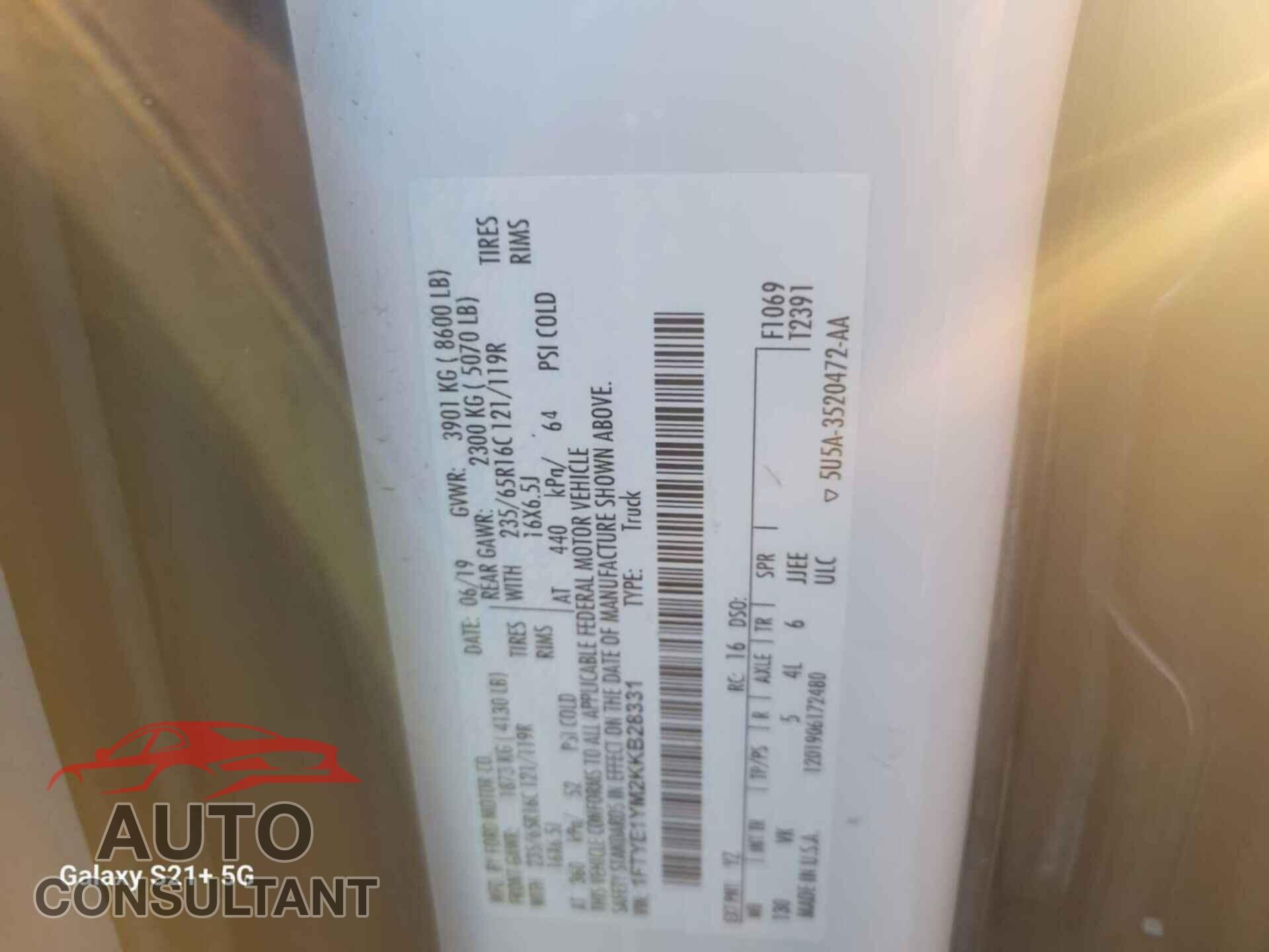 FORD TRANSIT 2019 - 1FTYE1YM2KKB28331