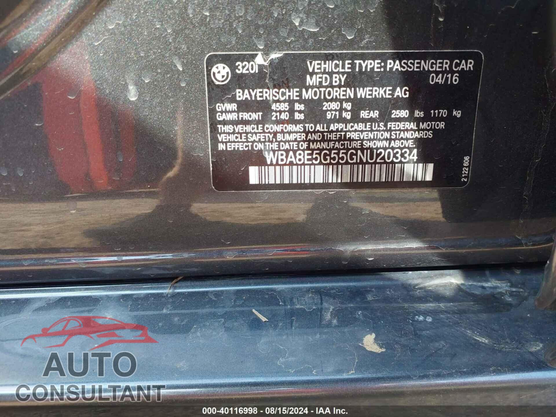 BMW 320I 2016 - WBA8E5G55GNU20334