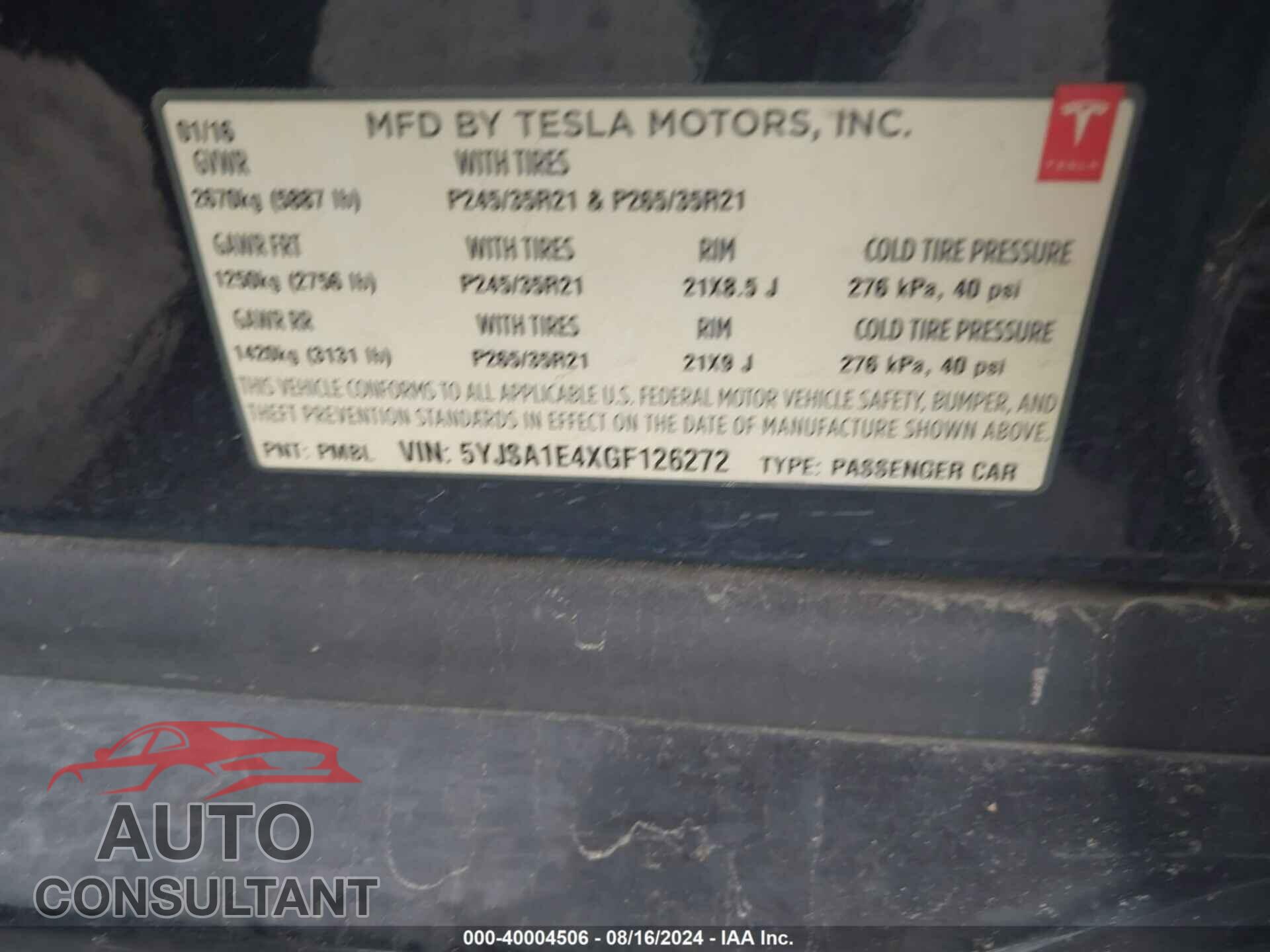 TESLA MODEL S 2016 - 5YJSA1E4XGF126272