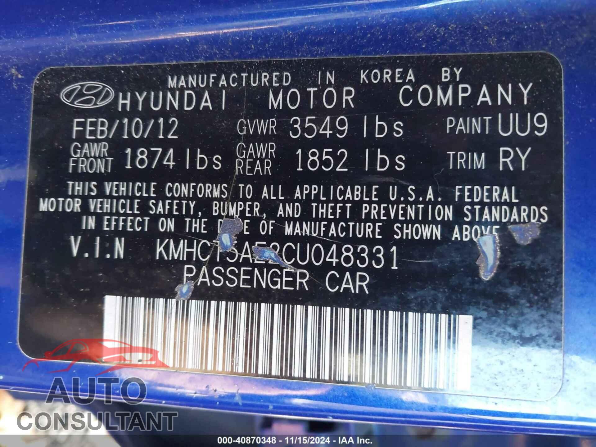 HYUNDAI ACCENT 2012 - KMHCT5AE2CU048331