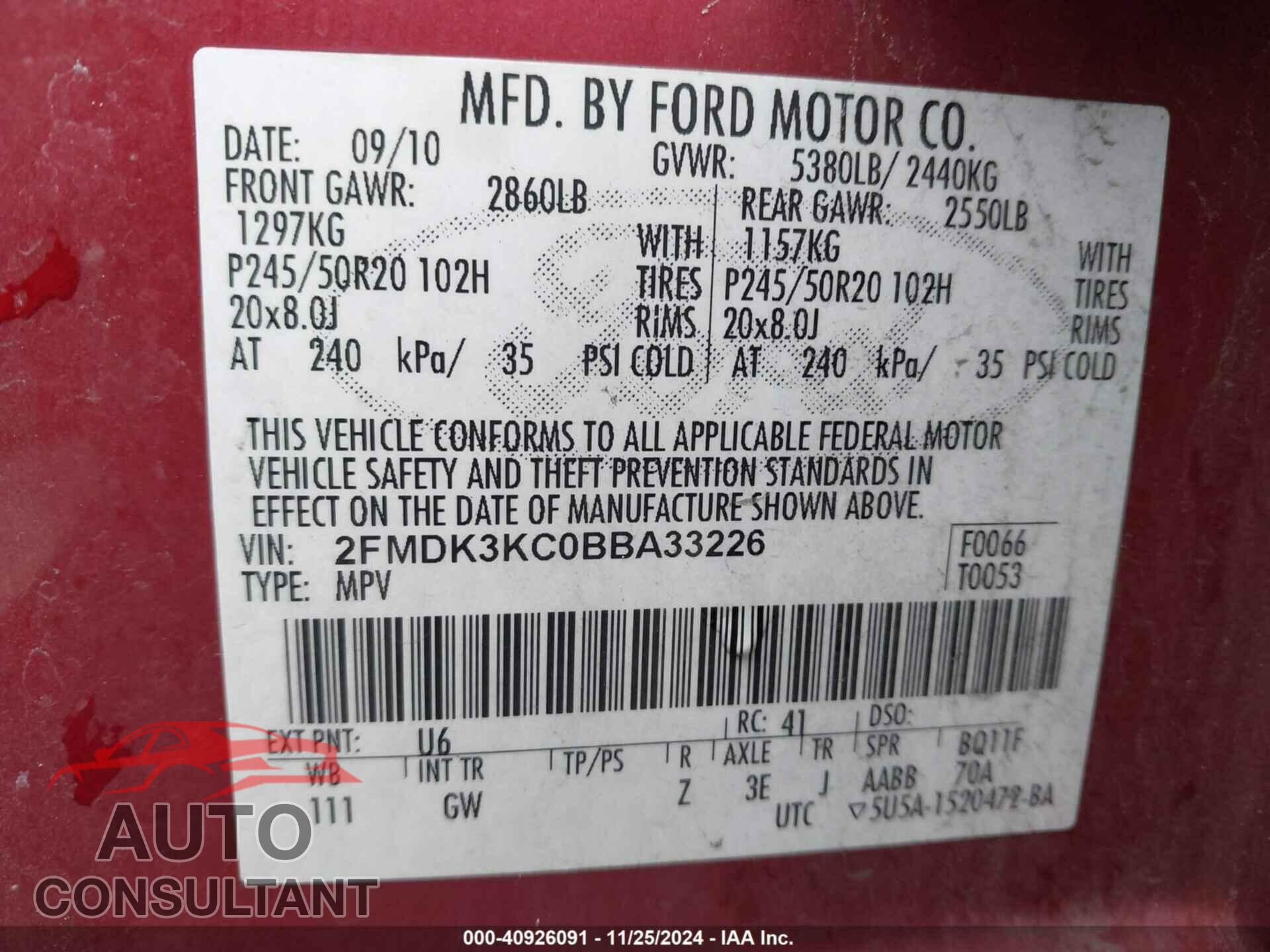 FORD EDGE 2011 - 2FMDK3KC0BBA33226