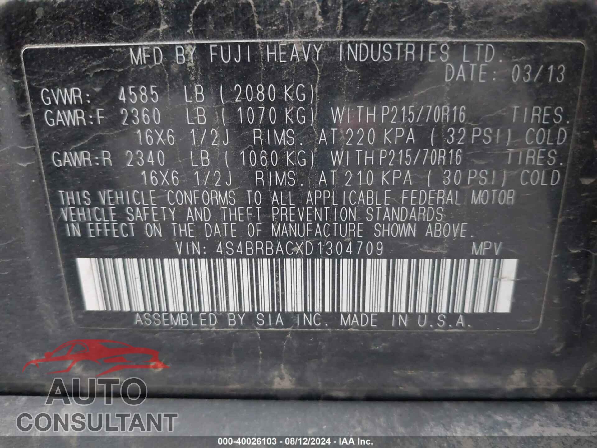 SUBARU OUTBACK 2013 - 4S4BRBACXD1304709