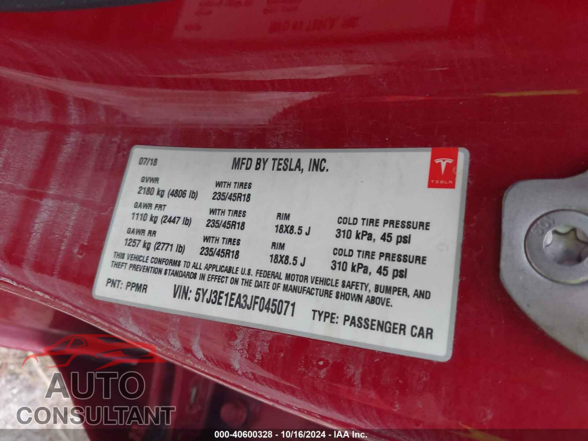 TESLA MODEL 3 2018 - 5YJ3E1EA3JF045071