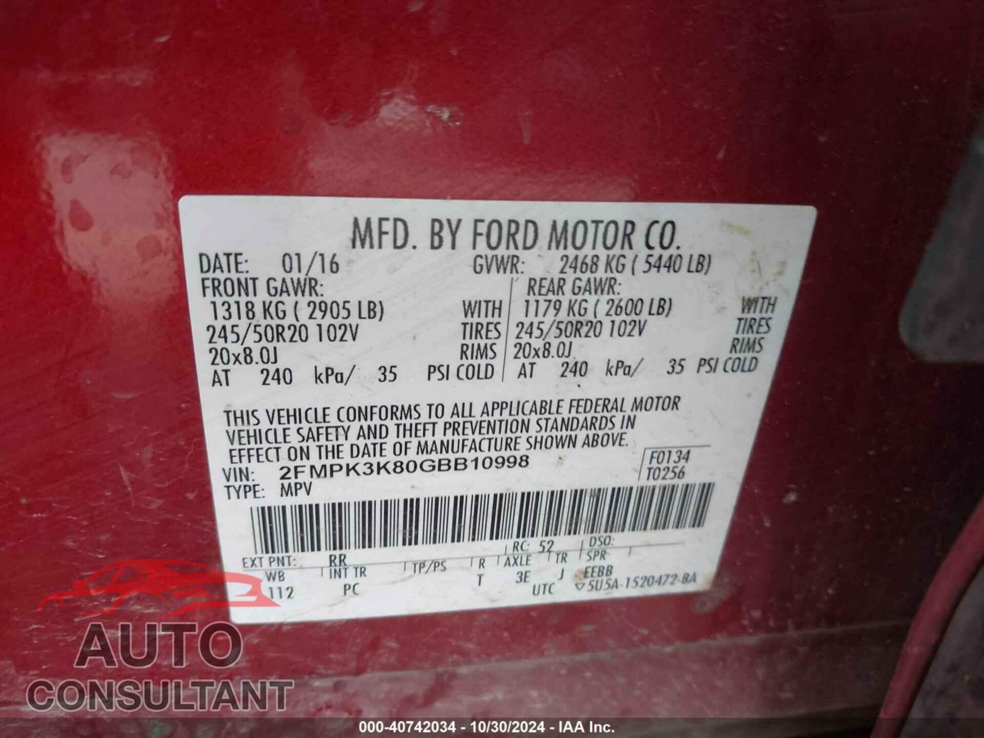 FORD EDGE 2016 - 2FMPK3K80GBB10998