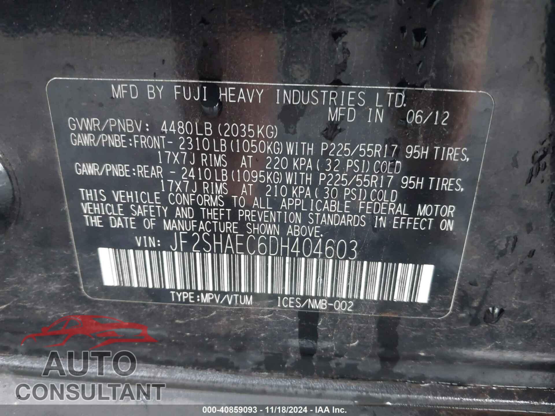 SUBARU FORESTER 2013 - JF2SHAEC6DH404603