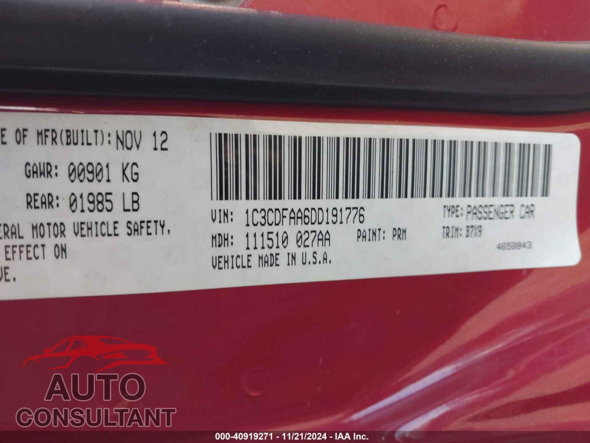 DODGE DART 2013 - 1C3CDFAA6DD191776