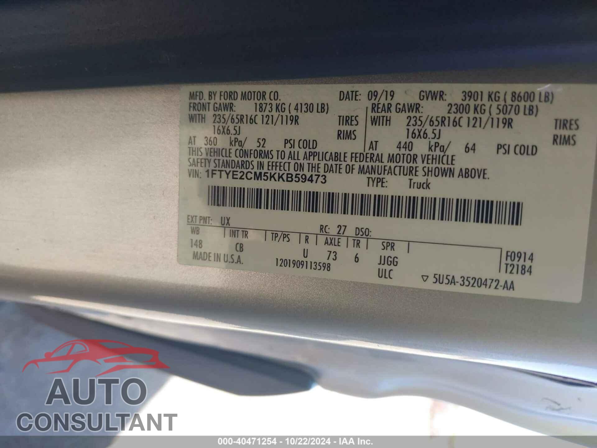 FORD TRANSIT-150 2019 - 1FTYE2CM5KKB59473
