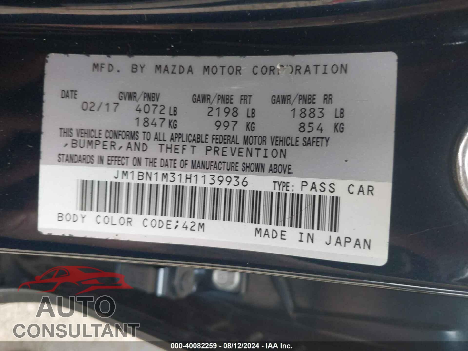 MAZDA MAZDA3 2017 - JM1BN1M31H1139936
