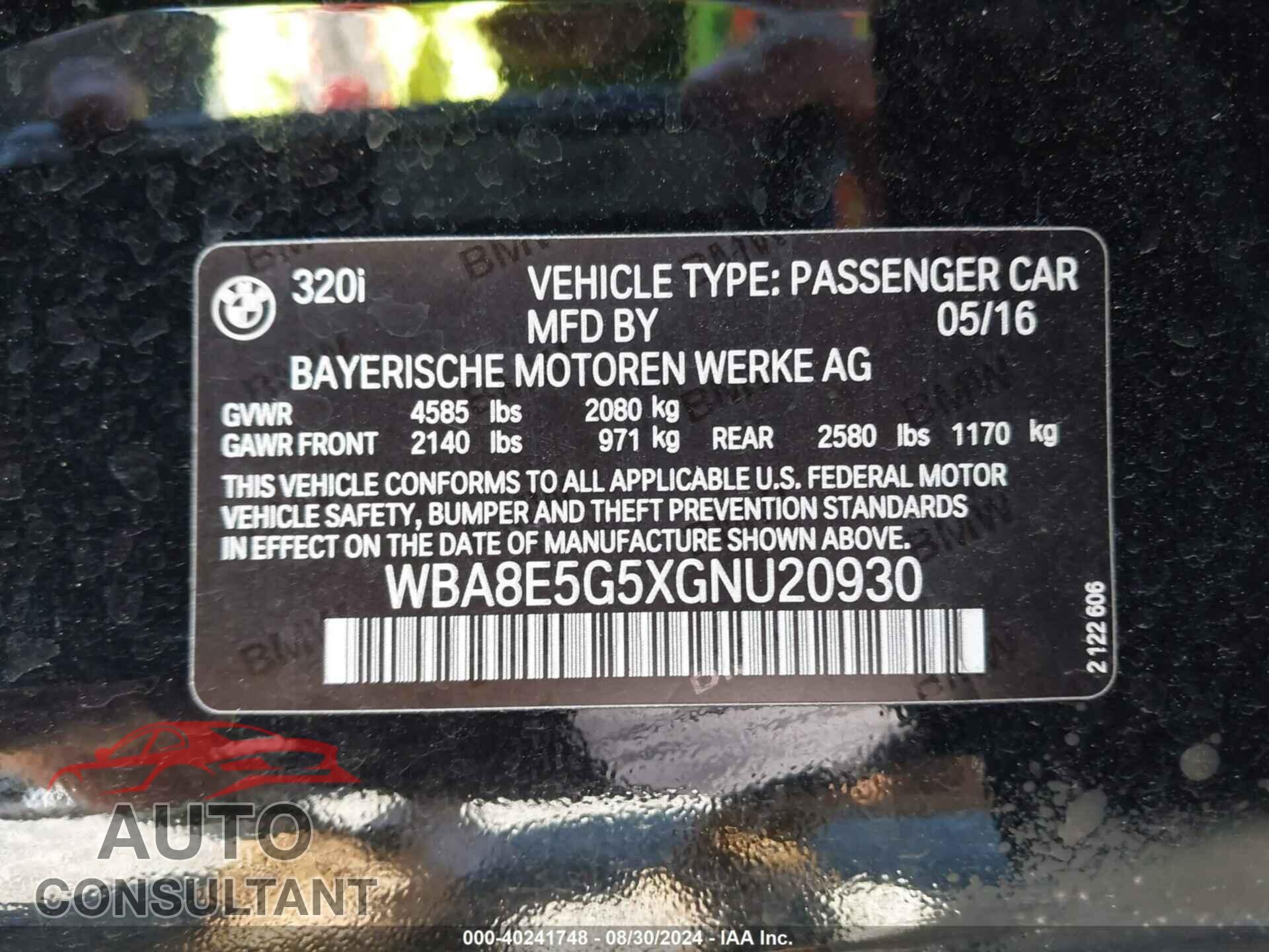 BMW 320I 2016 - WBA8E5G5XGNU20930