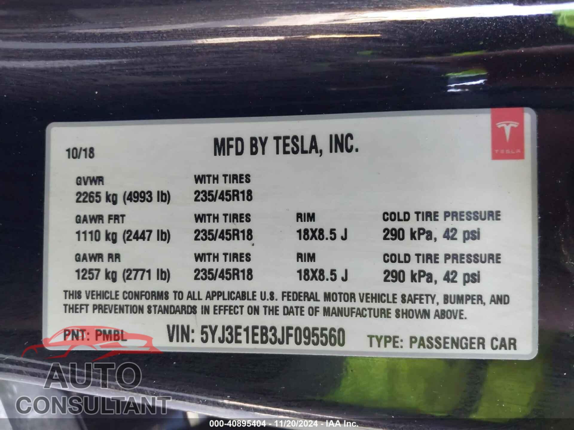 TESLA MODEL 3 2018 - 5YJ3E1EB3JF095560