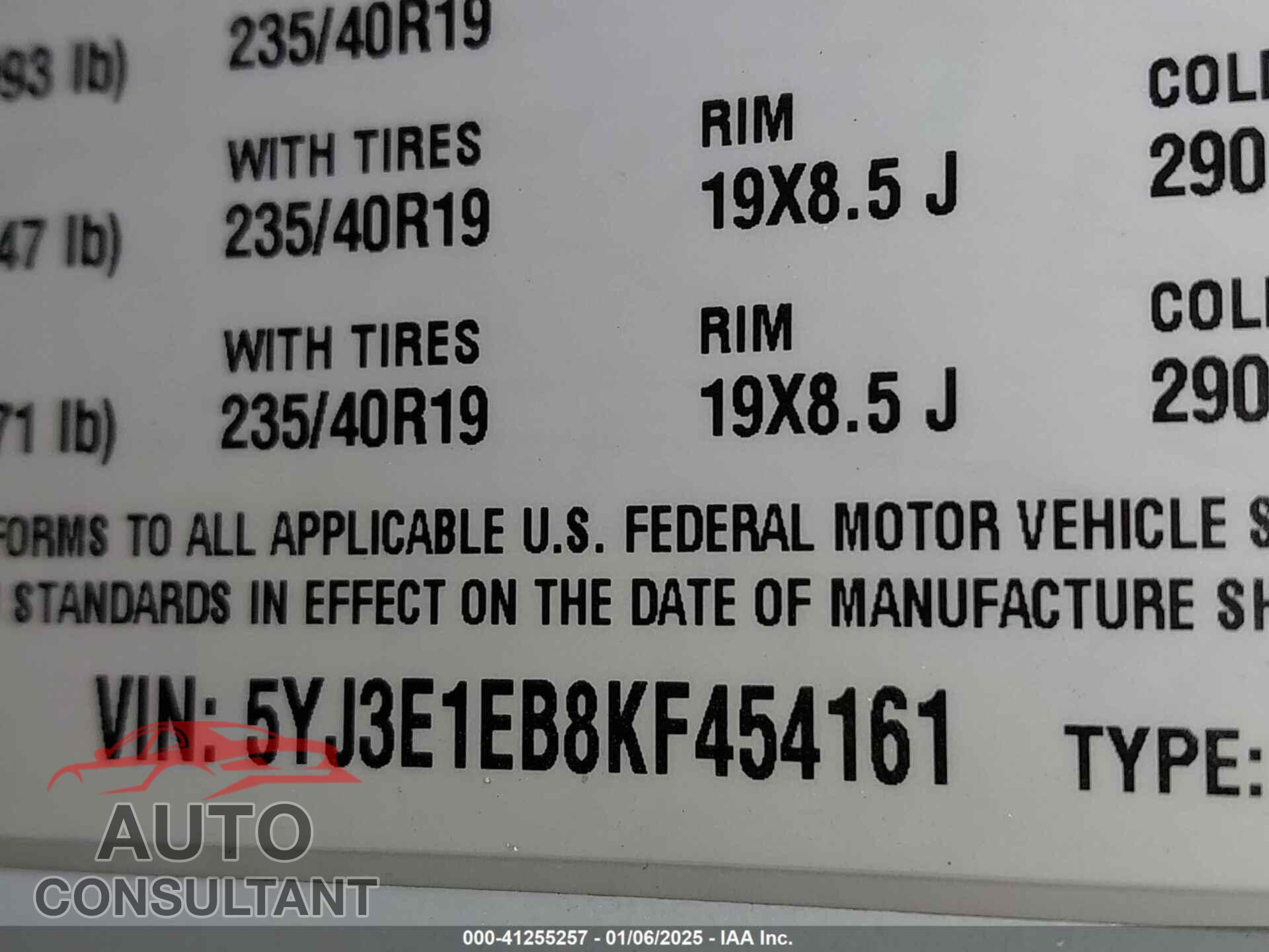 TESLA MODEL 3 2019 - 5YJ3E1EB8KF454161