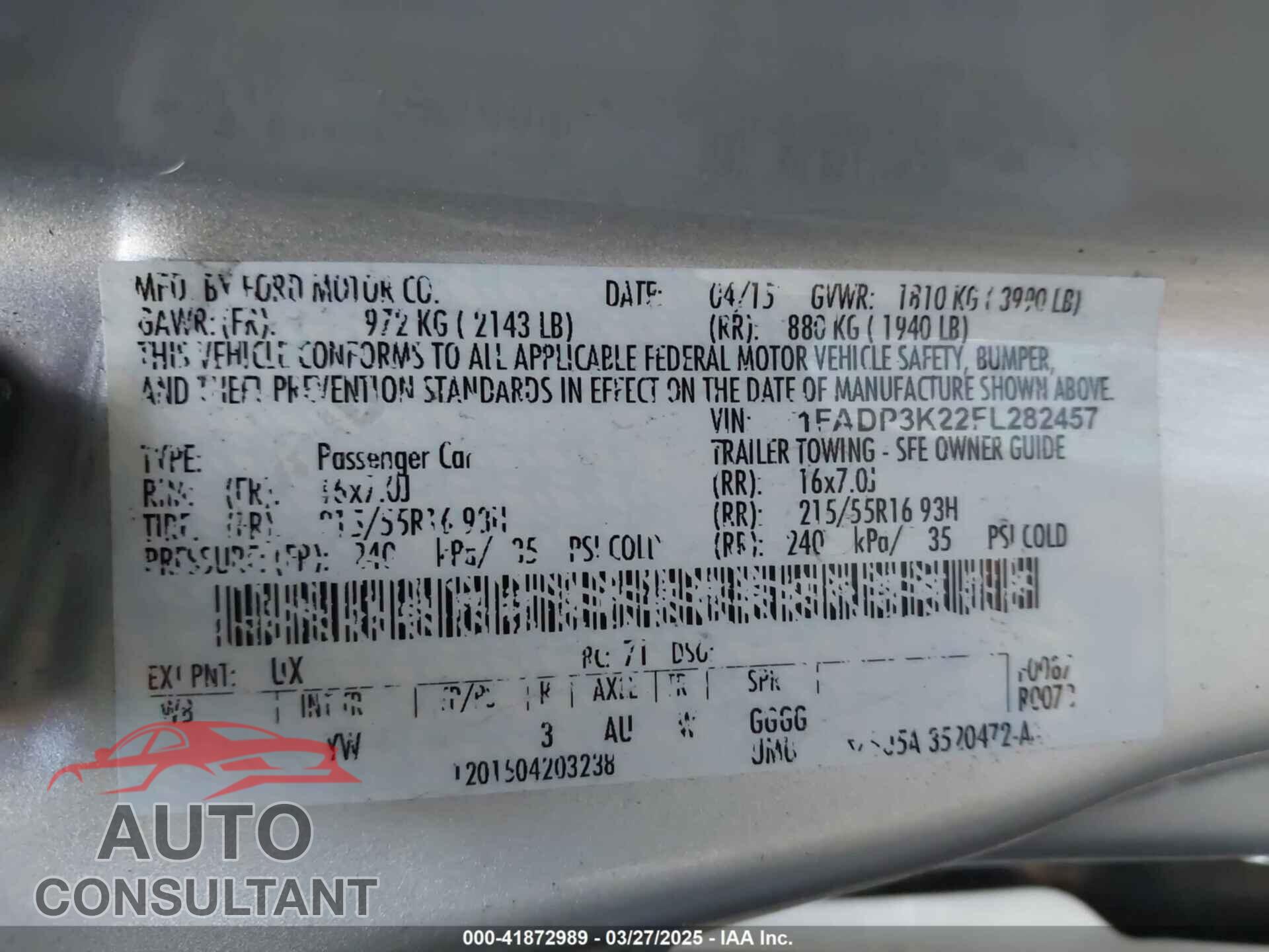 FORD FOCUS 2015 - 1FADP3K22FL282457