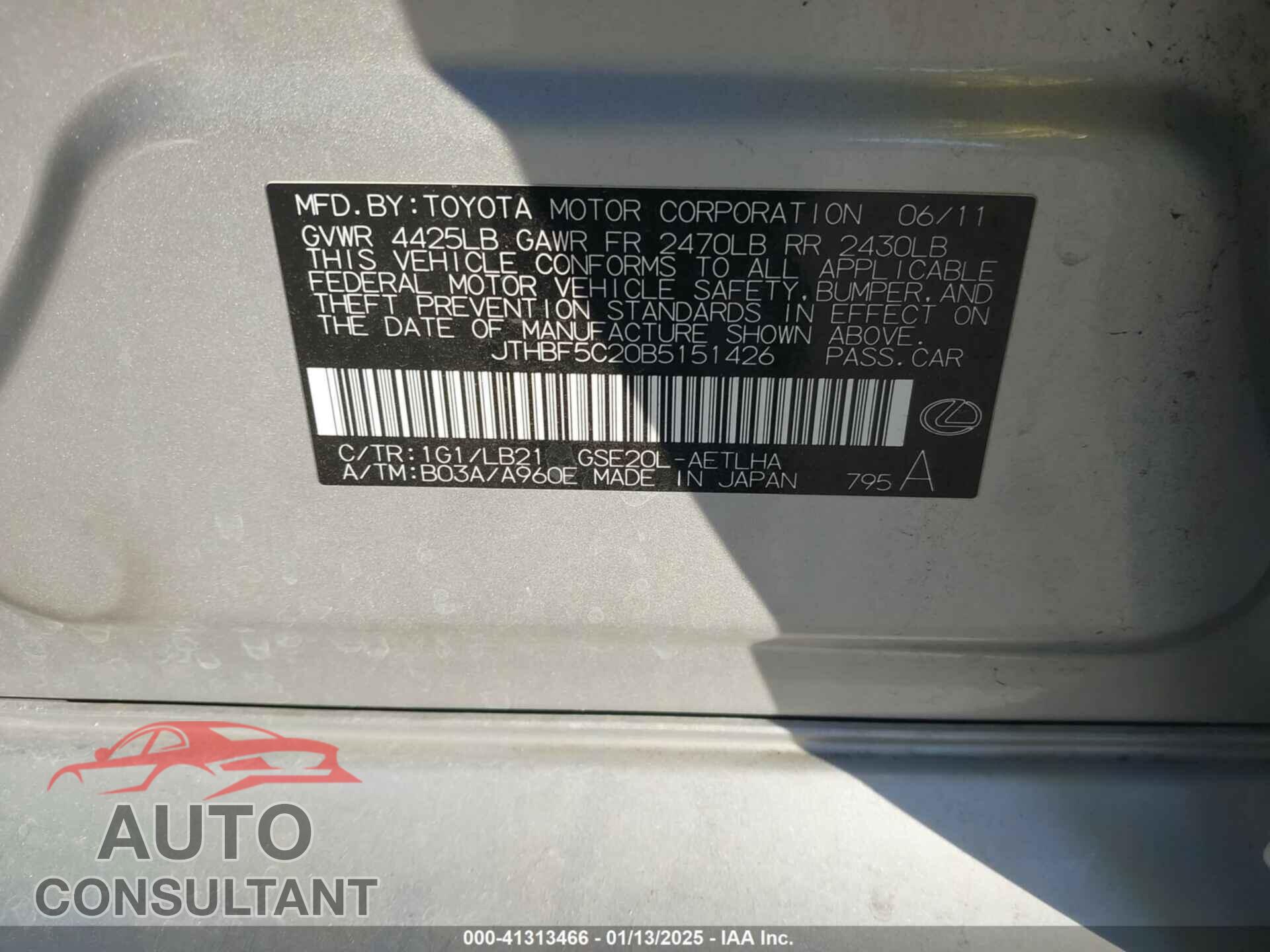 LEXUS IS 2011 - JTHBF5C20B5151426