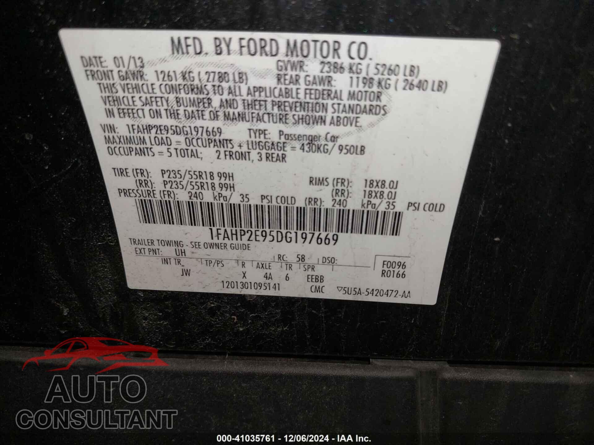 FORD TAURUS 2013 - 1FAHP2E95DG197669