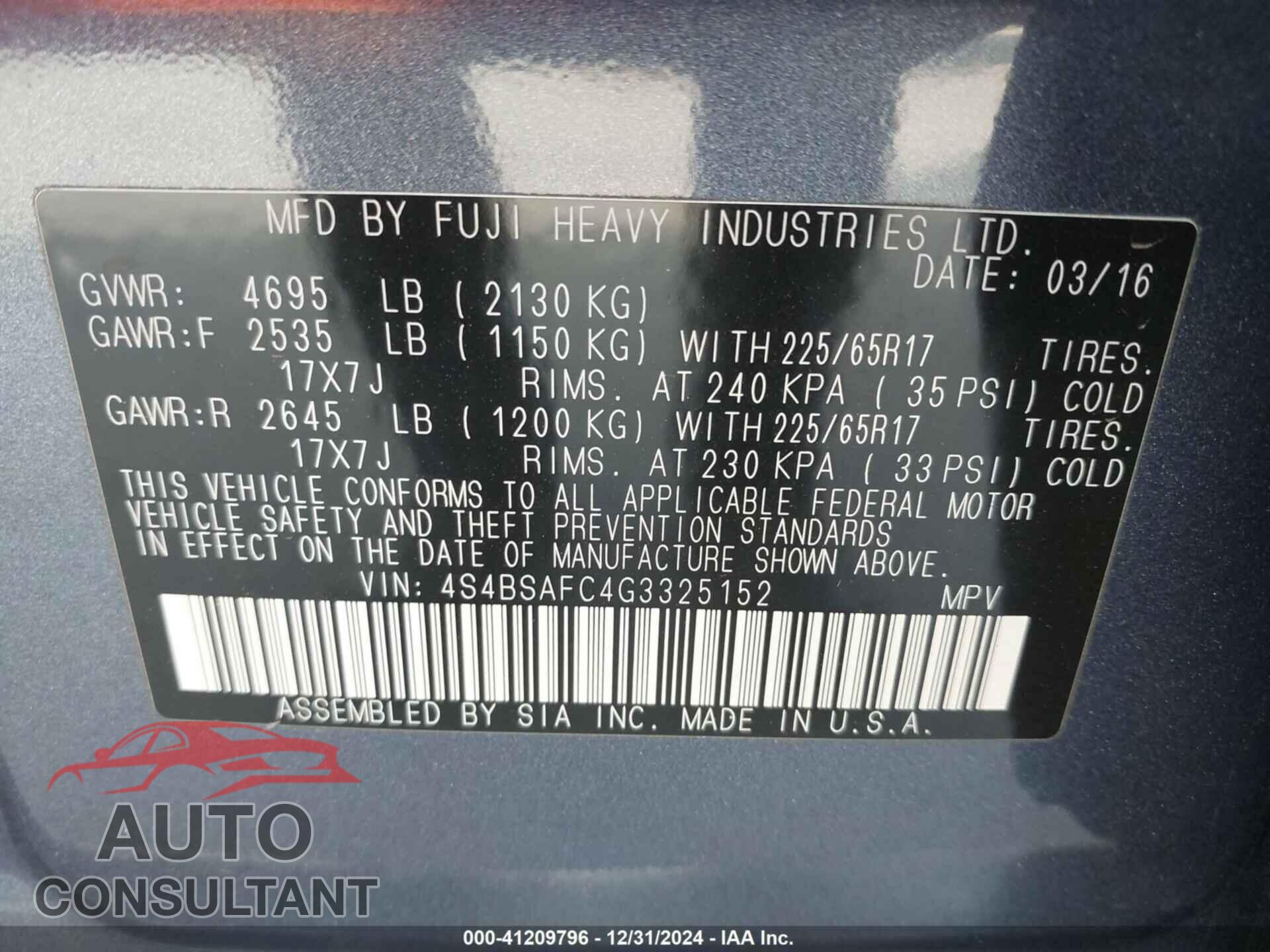 SUBARU OUTBACK 2016 - 4S4BSAFC4G3325152