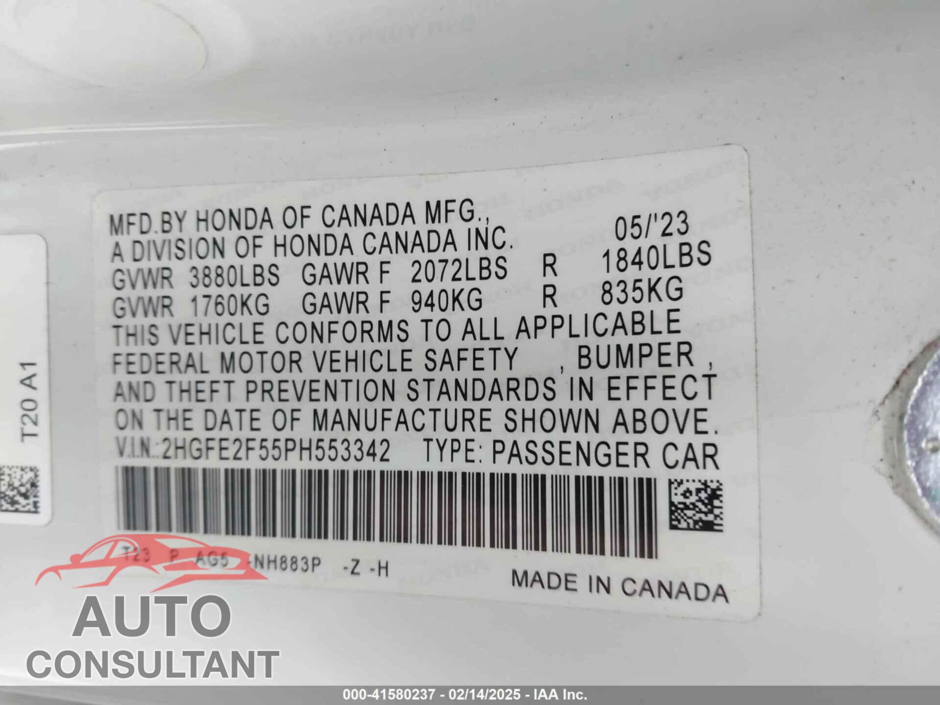 HONDA CIVIC 2023 - 2HGFE2F55PH553342