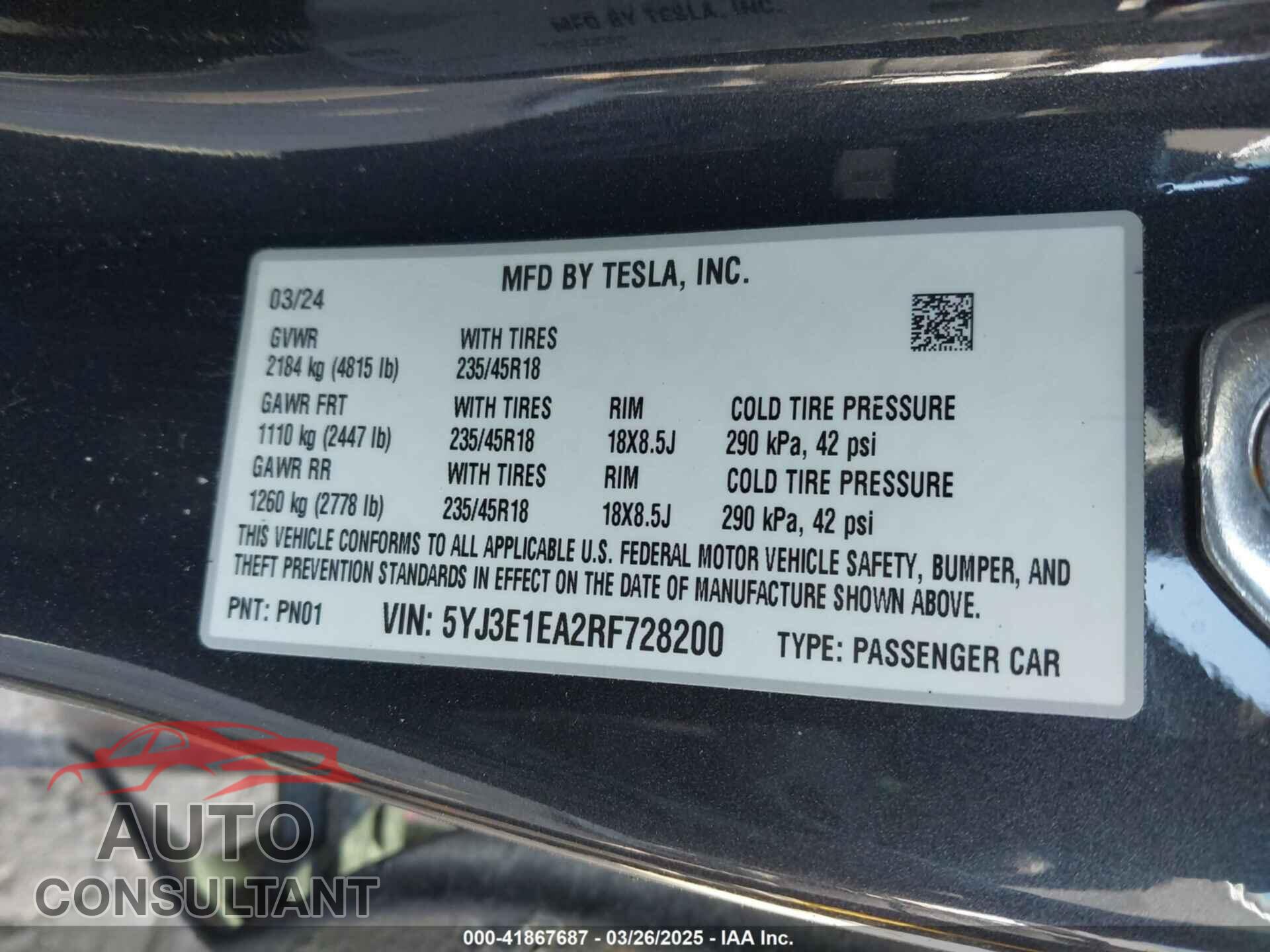 TESLA MODEL 3 2024 - 5YJ3E1EA2RF728200