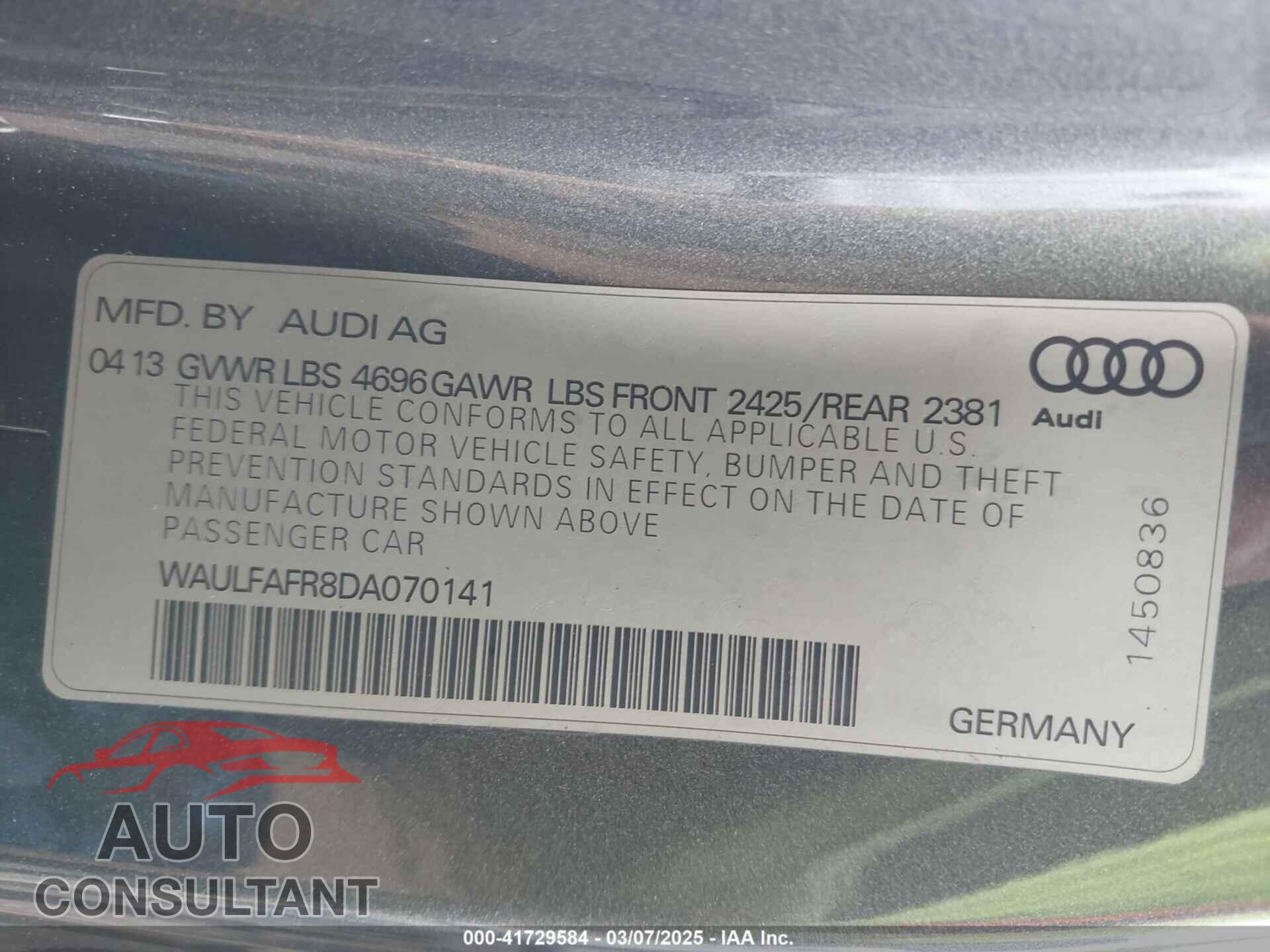 AUDI A5 2013 - WAULFAFR8DA070141
