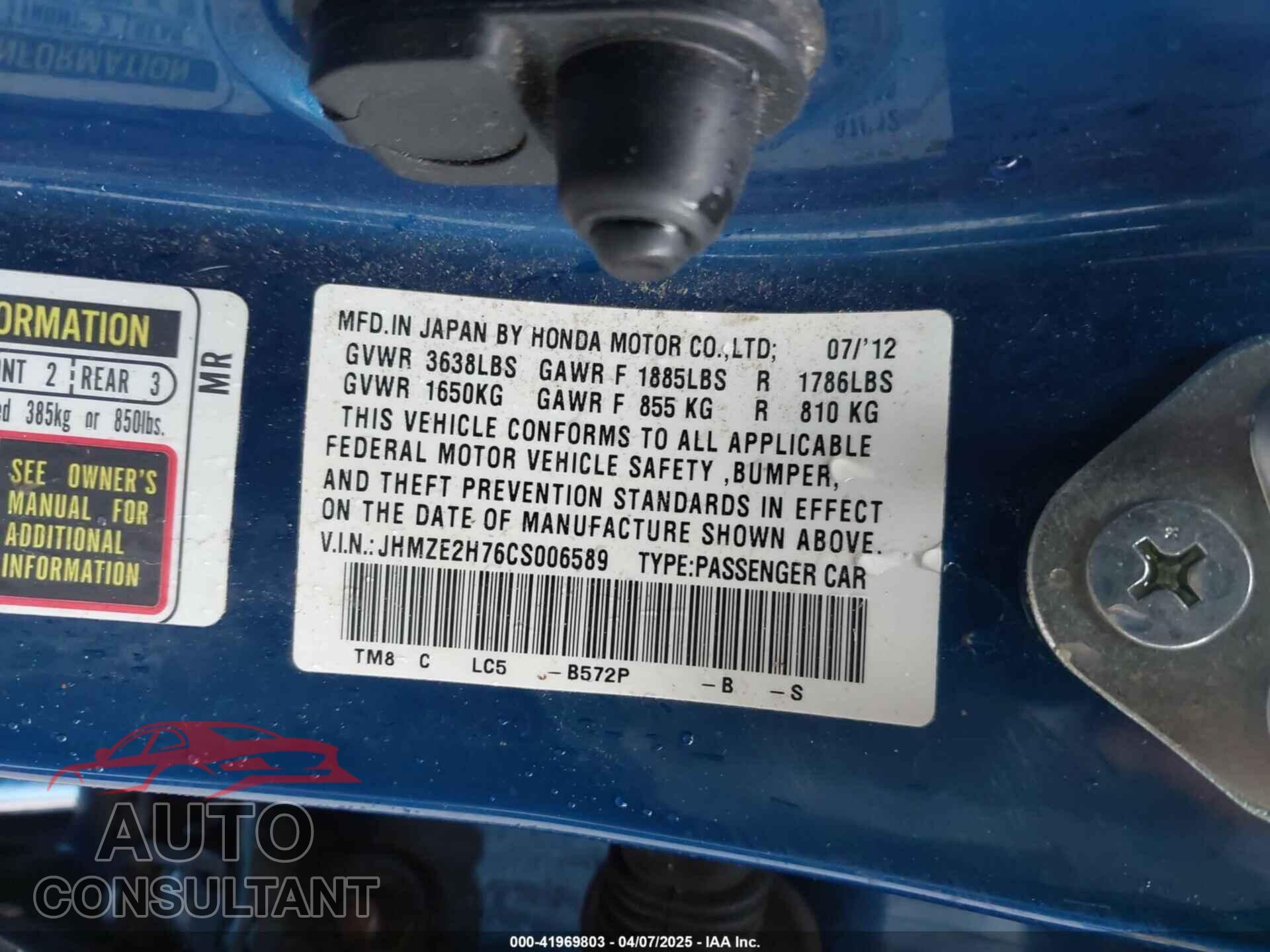 HONDA INSIGHT 2012 - JHMZE2H76CS006589