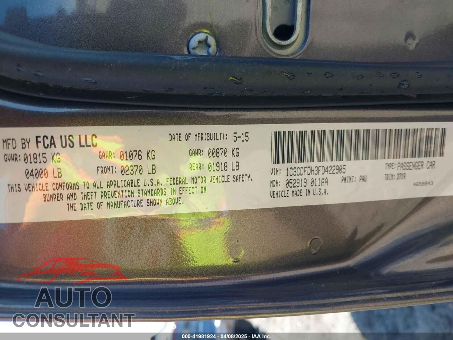 DODGE DART 2015 - 1C3CDFDH3FD422905