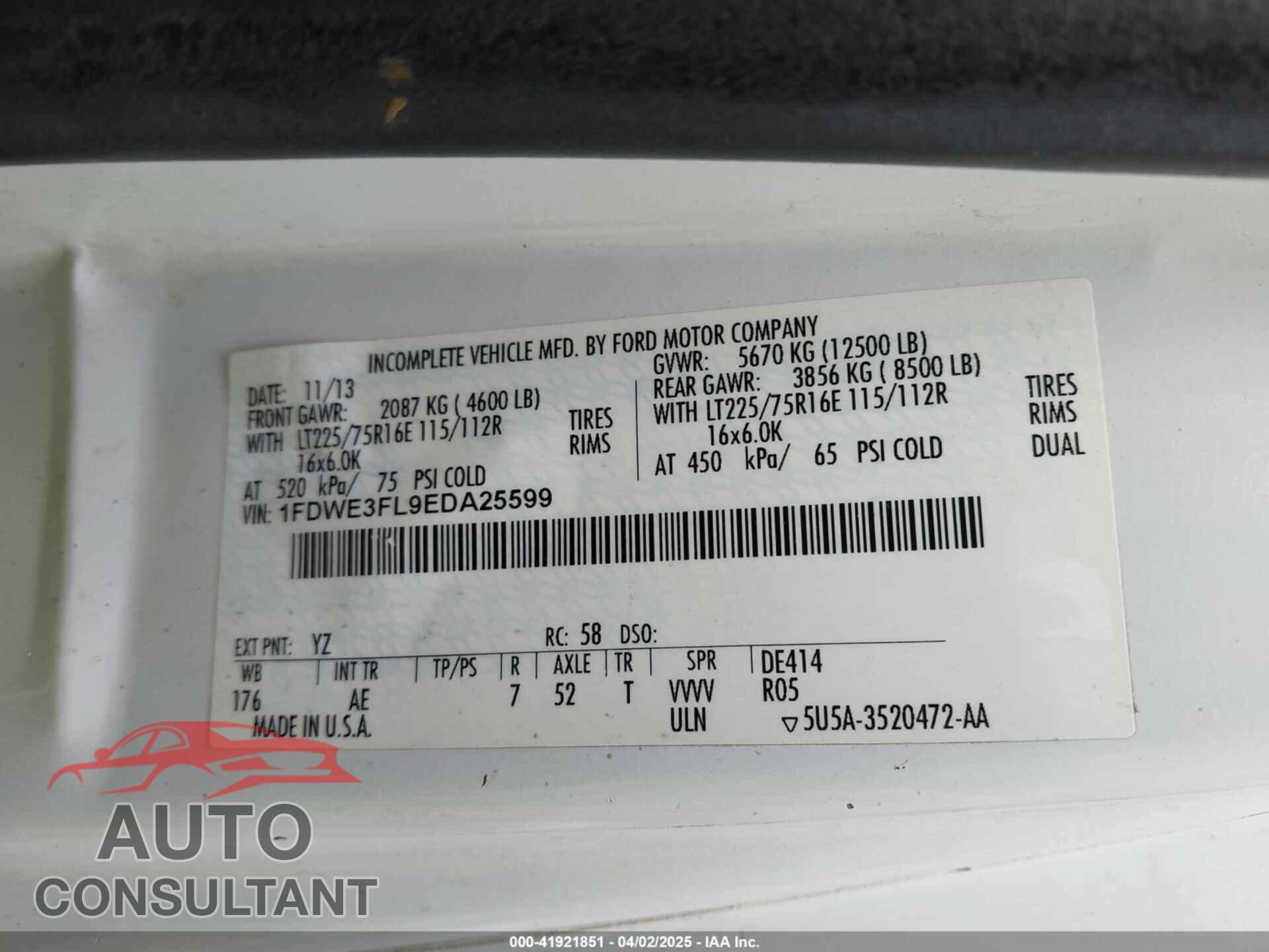 FORD E-350 CUTAWAY 2014 - 1FDWE3FL9EDA25599
